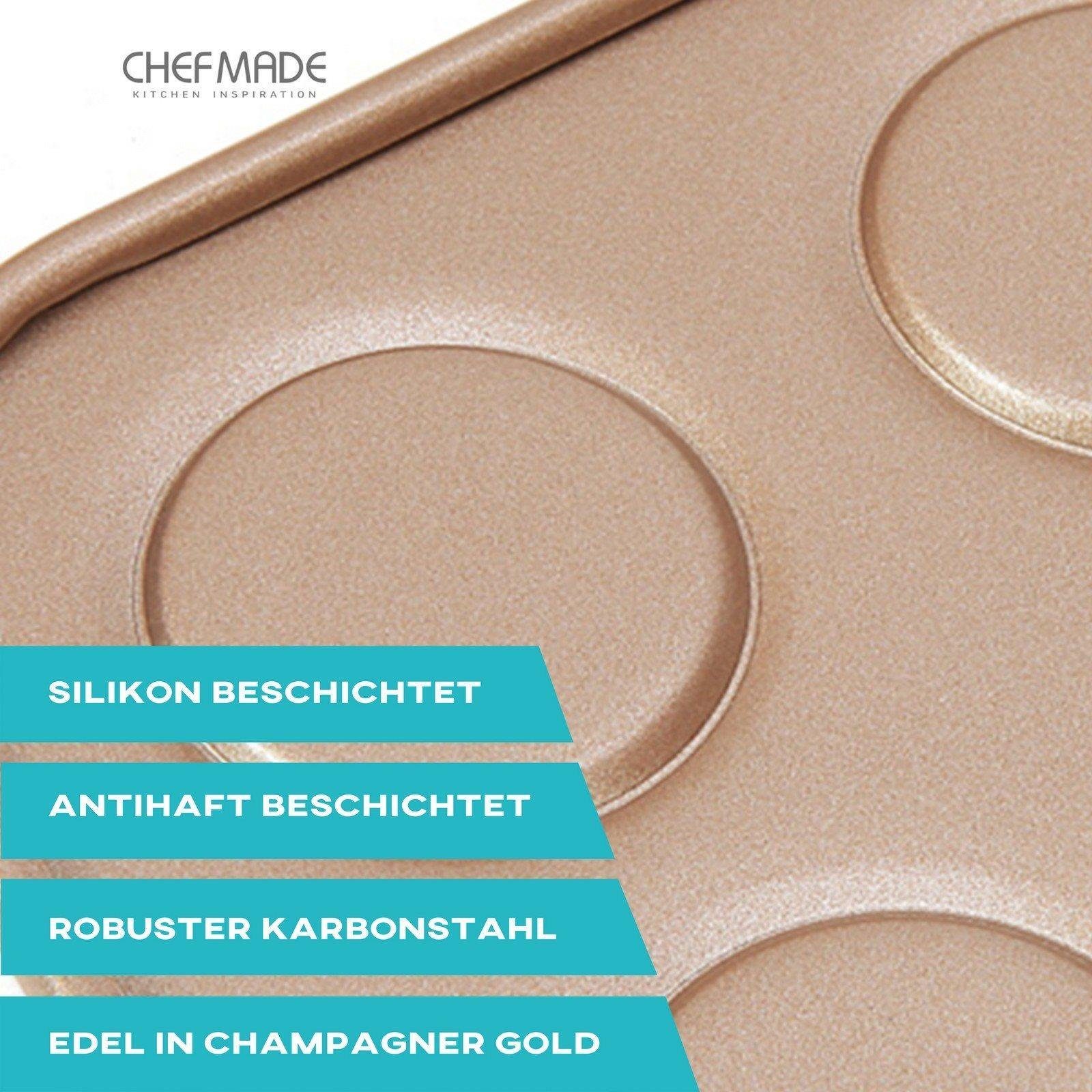 Chefmade Backblech Kuchenblech, Karbonstahl, (CHEFMADE, Macaronblech, 325x290x6mm, Champagnergold, antihaft- & silikonbeschichtet, Keksblech, Plätzchenblech, Whoopieblech, Macarons, Karbonstahl, 1-St., Premium), Macarons Backmatte - Backblech für Bac
