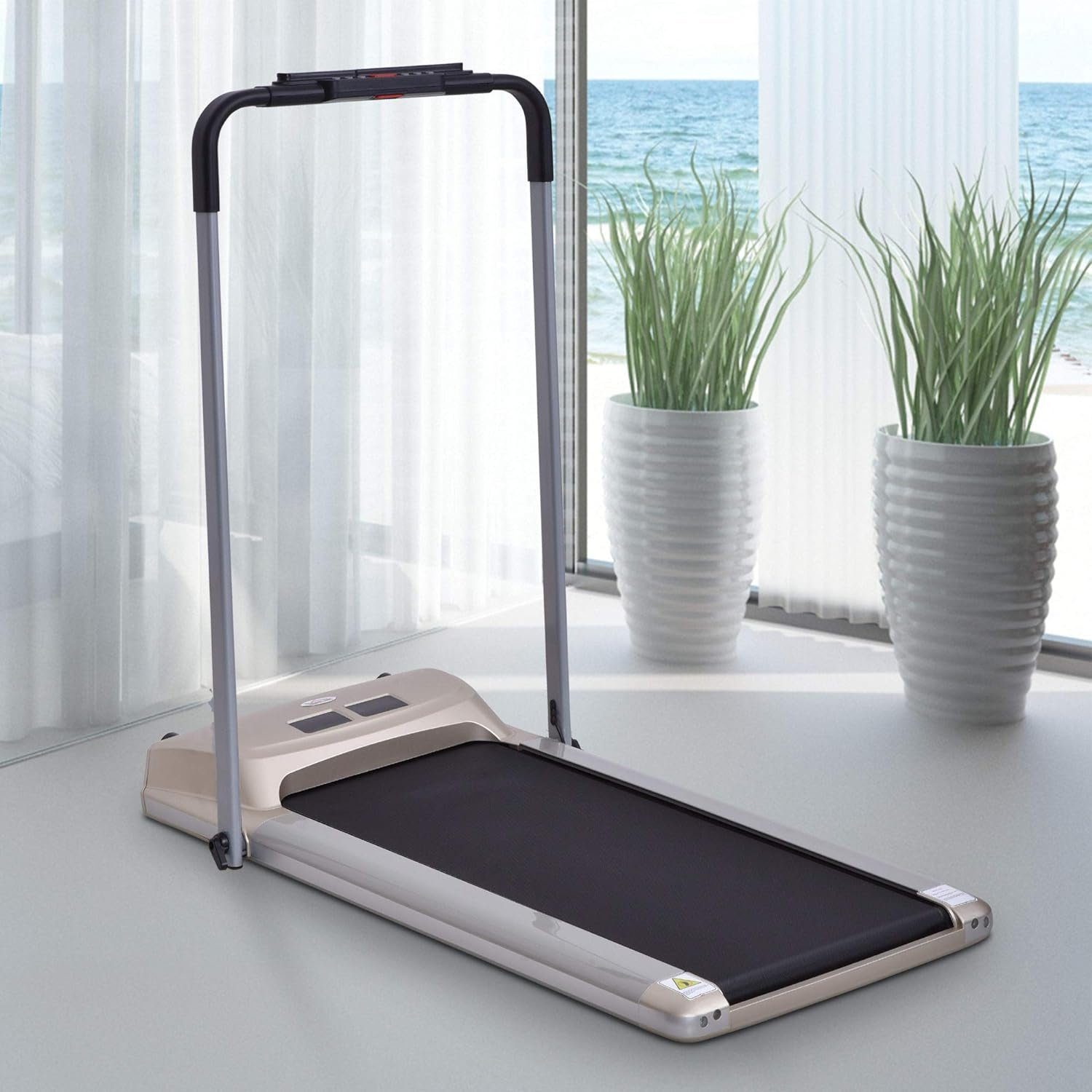 HOMCOM Laufband (Elektrisches Laufband mit LCD Display, Faltbares Fitnessgerät), 1-10 Km/h, Stahl, Schwarz+Champagner, 70 x 128 x 116 cm