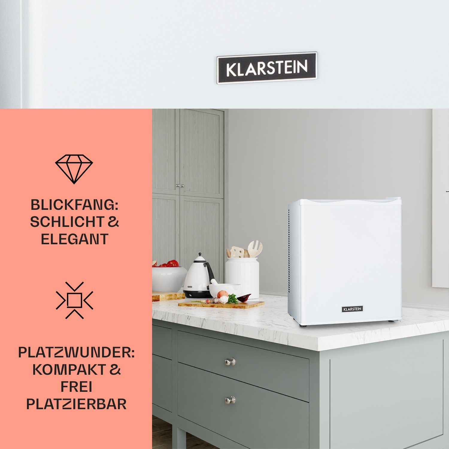 Klarstein Table Top Kühlschrank HEA-HappyHour-Wht 10035239A, 47 cm hoch, 38 cm breit, Hausbar Minikühlschrank ohne Gefrierfach Getränkekühlschrank klein