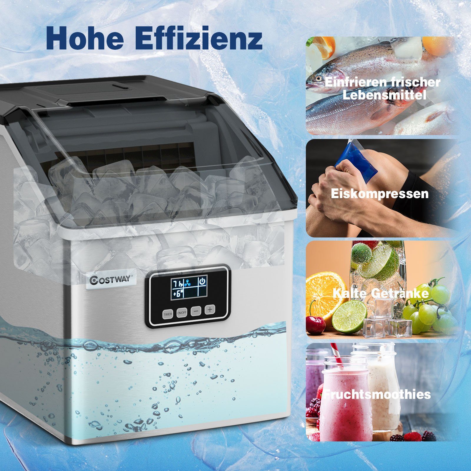 COSTWAY Eiswürfelmaschine, 2,4L, 22kg/24H, 24 Eiswürfel/15min, mit Schaufel