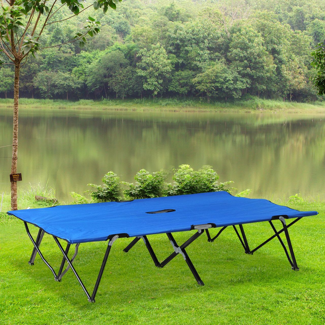 Outsunny Campingbett Klappbar für 2 Personen Feldbett Klappbett mit Tragetasche bis 136 kg belastbar Stahl Oxford Blau Schwarz 193 x 125 x 40 cm