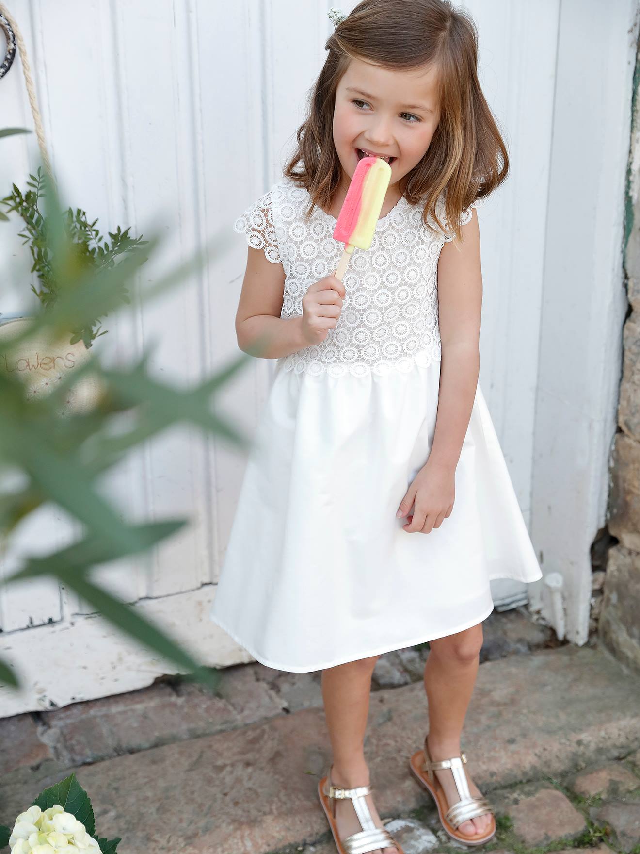 Robe de cérémonie effet 2 en 1 superposition en macramé fille ivoire