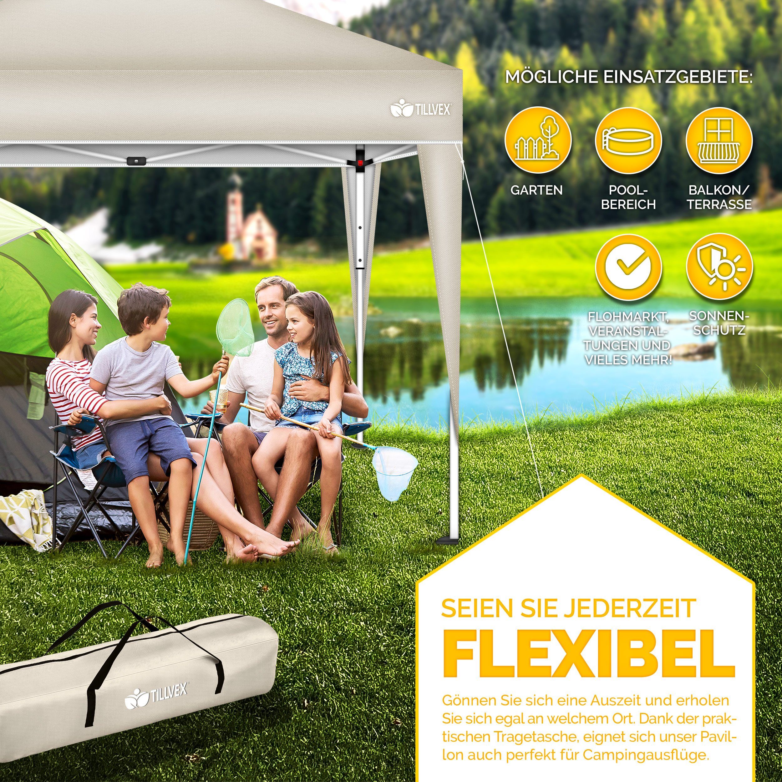 tillvex Pavillon Gartenpavillon 3x3m Wasserdicht Gartenzelt Pop Up, Wasserdicht, höhenverstellbar, UV Schutz 50+, inkl. Tasche