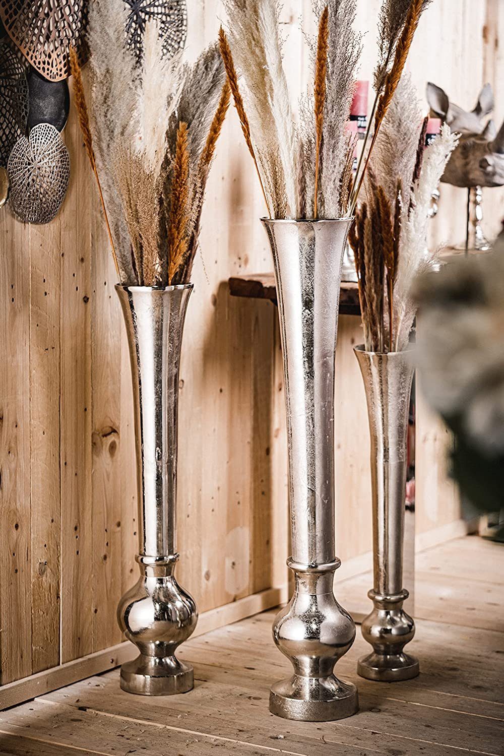 MichaelNoll Dekovase Vase Blumenvase Gefäß Pokalvase Dekovase Bodenvase Aluminium Silber Groß - für Kunstblumen und Pampasgras - S 69,5 cm M 80 cm L 99 cm