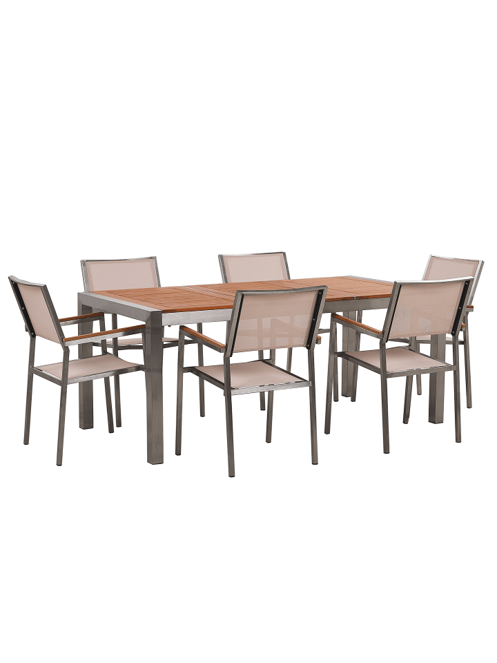 Beliani 7-tlg Gartentisch Set GROSSETO in Heller Holzfarbton/Beige/Silber günstig kaufen onesize