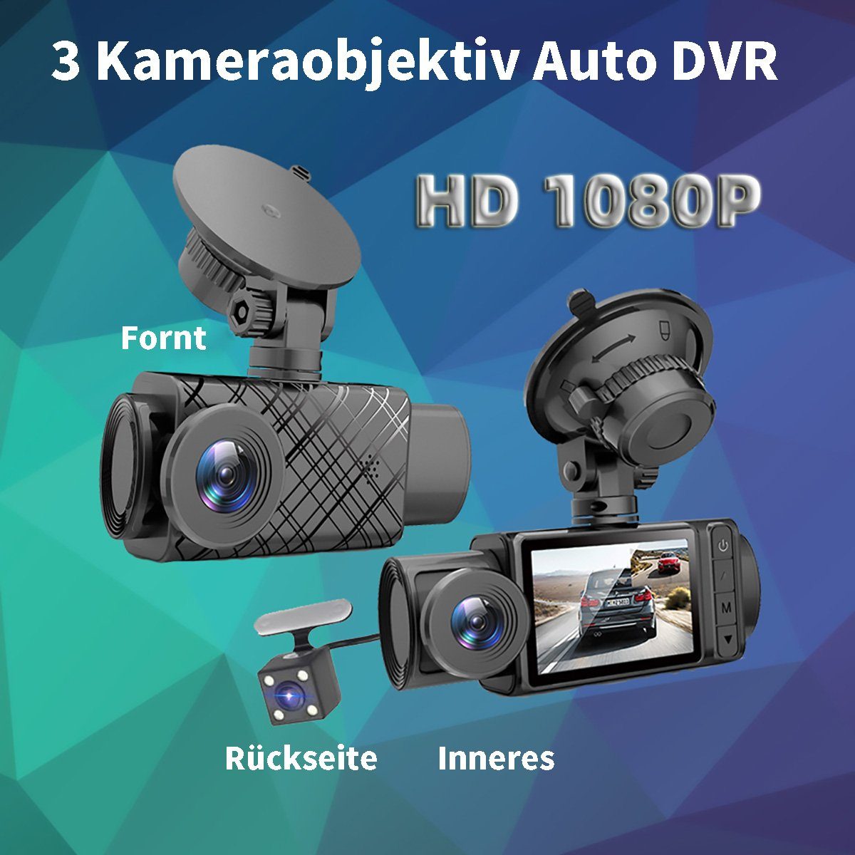 Yoyaxi Simultane Videoaufnahme mit drei Linsen Dashcam (Nachtsicht, Parkmodus und Bewegungserkennung für mehr Sicherheit)