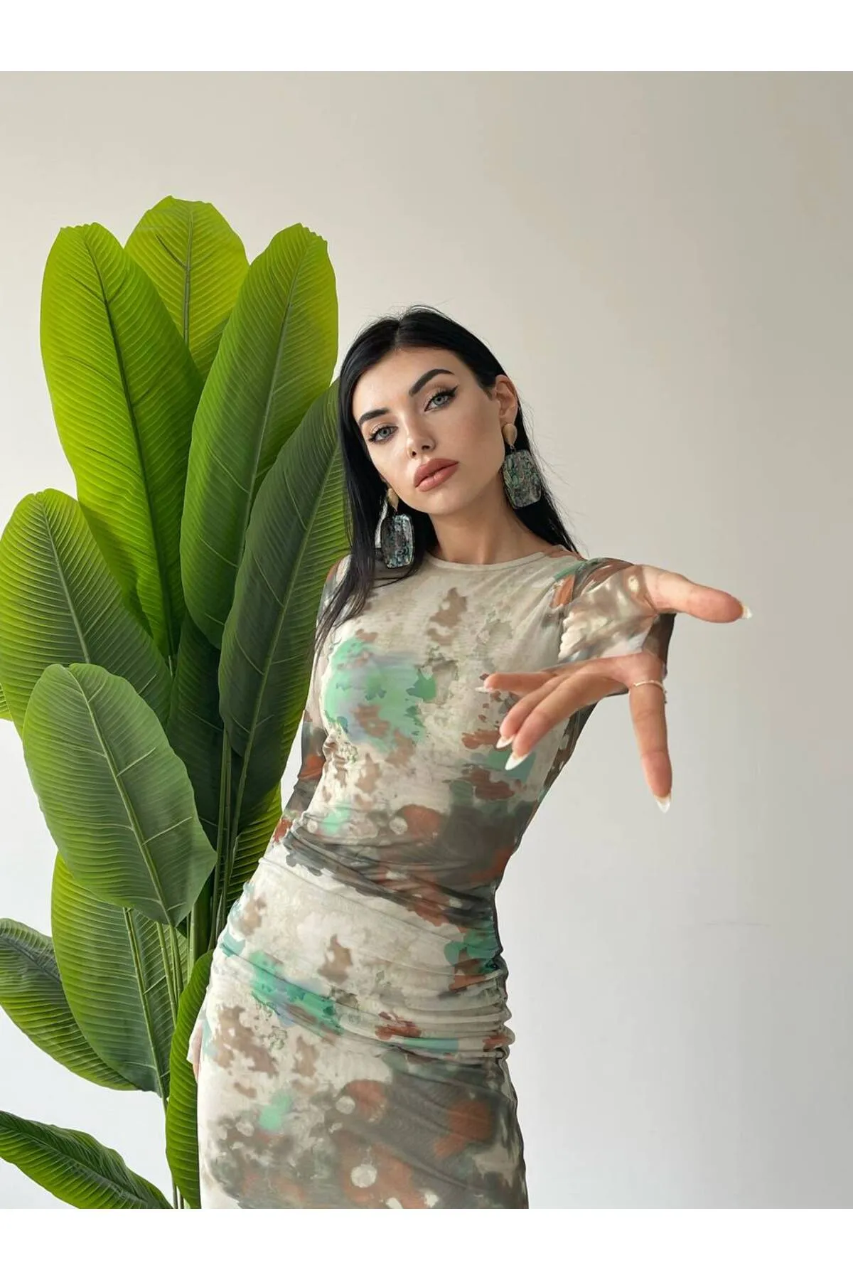 SONREİR  MIDI-GEMUSTERTES KLEID MIT FINGERUHRFUTTER