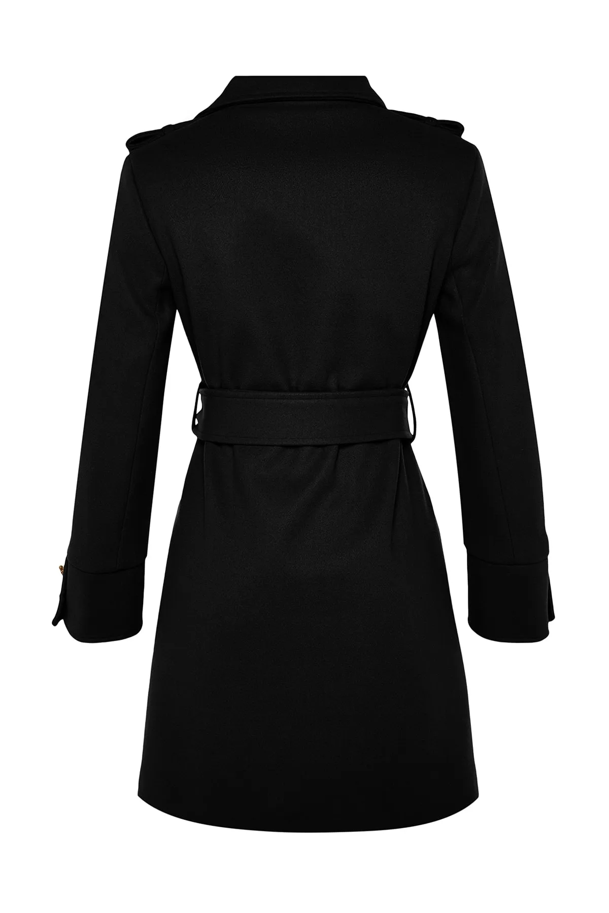 Trendyol Collection  Schwarzer Kaschmirmantel mit Gürtel und goldenen Knöpfen TWOAW24KB00006