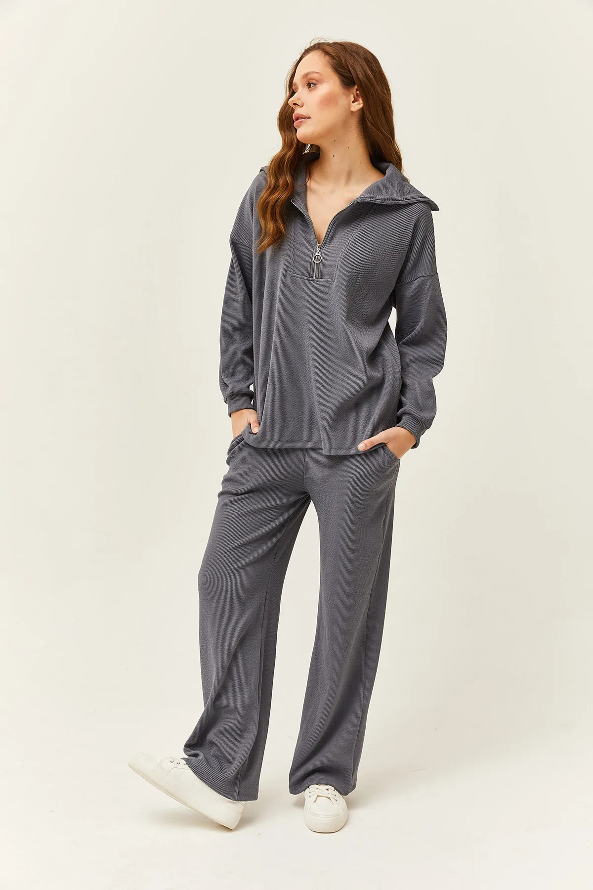 Olalook  Damen-Set mit geräuchertem Oberteil, Pullover mit Reißverschluss und Palazzo-Hose, TKM-19000240
