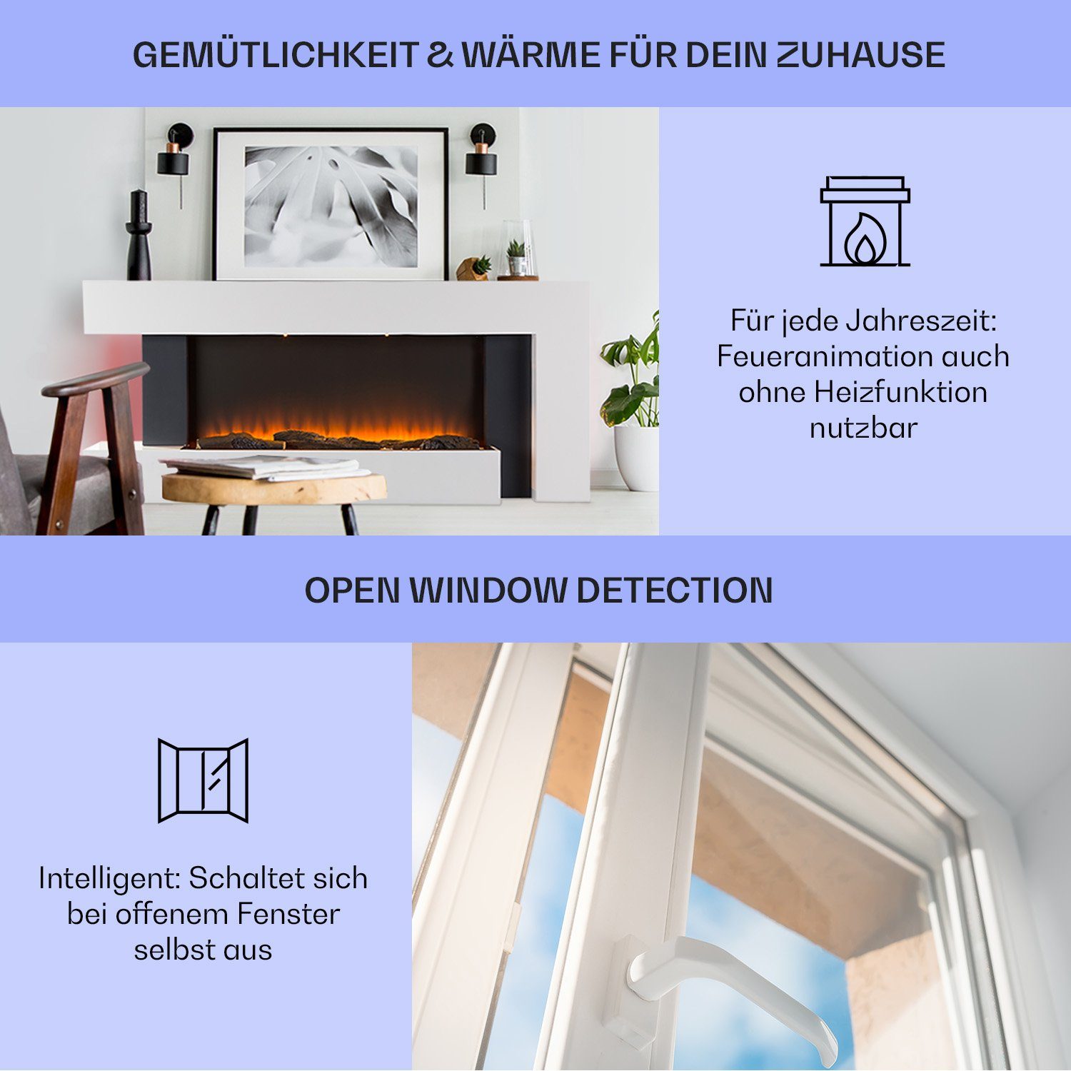 Klarstein Elektrokamin Studio Light & Fire, elektrischer Kamin mit Heizfunktion Heizlüfter elektrischer Kaminofen