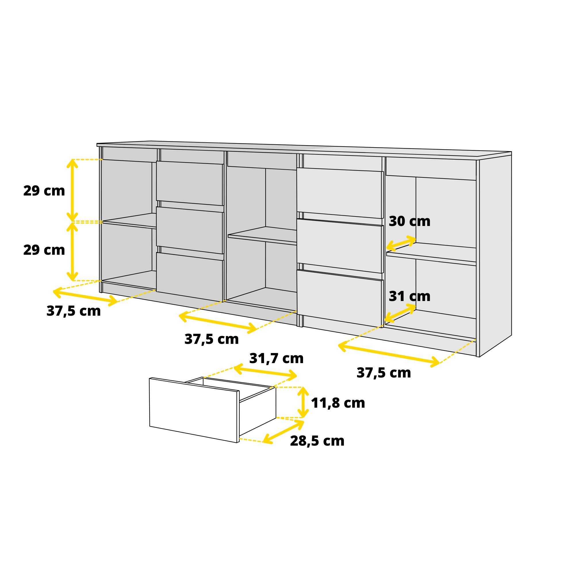 Furnica Kommode MIKEL, 6 Schubladen und 3 Türen - Anthrazit Grau H75cm B200cm T35cm