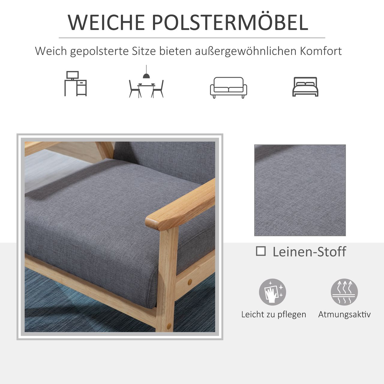 HOMCOM Ohrensessel Esszimmerstuhl mit Armlehnen Loungesessel Relaxsessel Grau