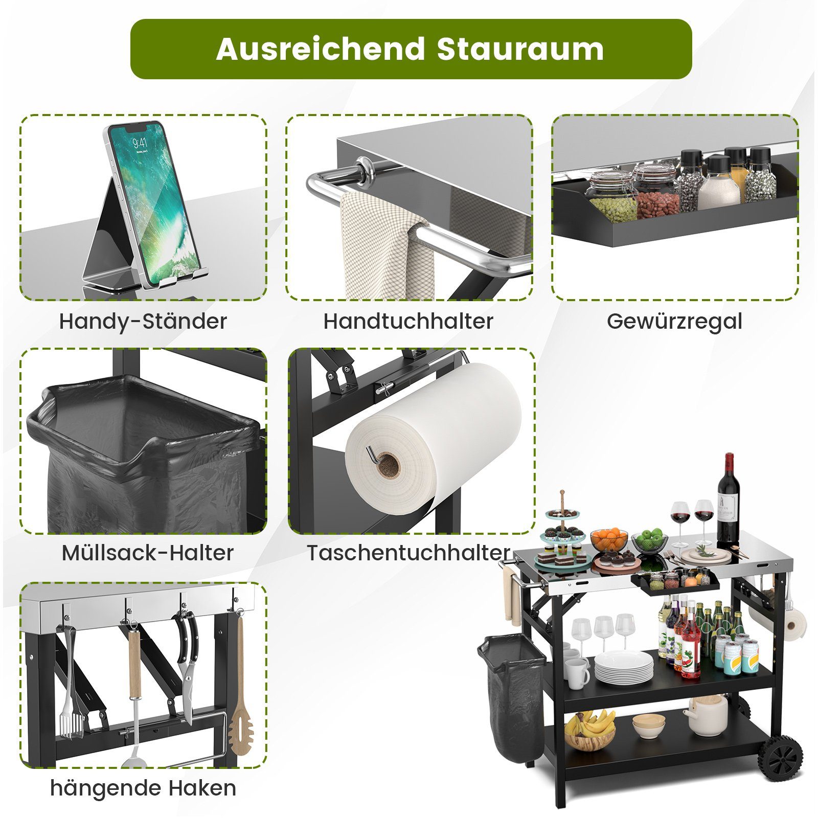 COSTWAY Grillablagetisch Grillwagen, Servierwagen, Edelstahl