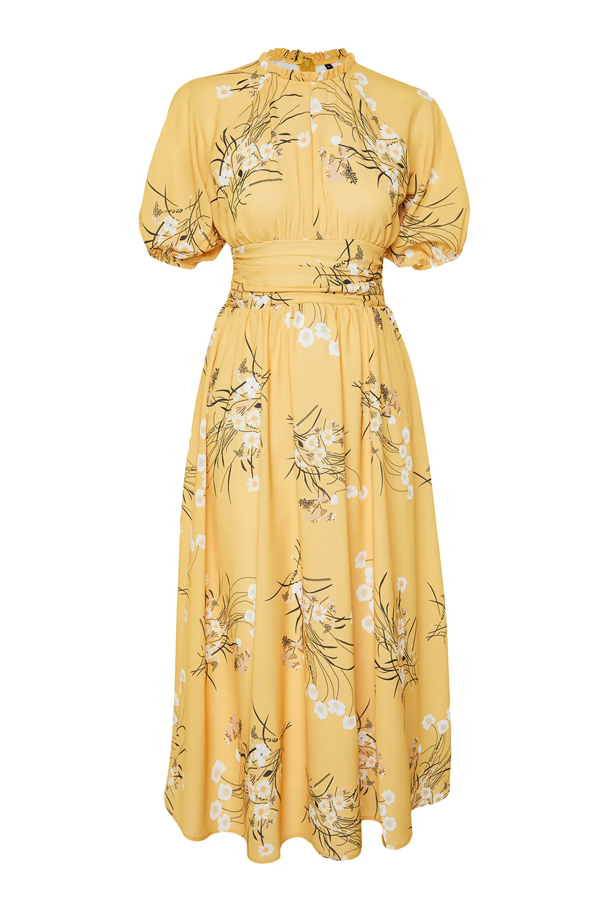 Trendyol Modest  Senfgelbes, langes Kleid mit Ballonärmeln und Blumenmuster TCTSS24EB00008