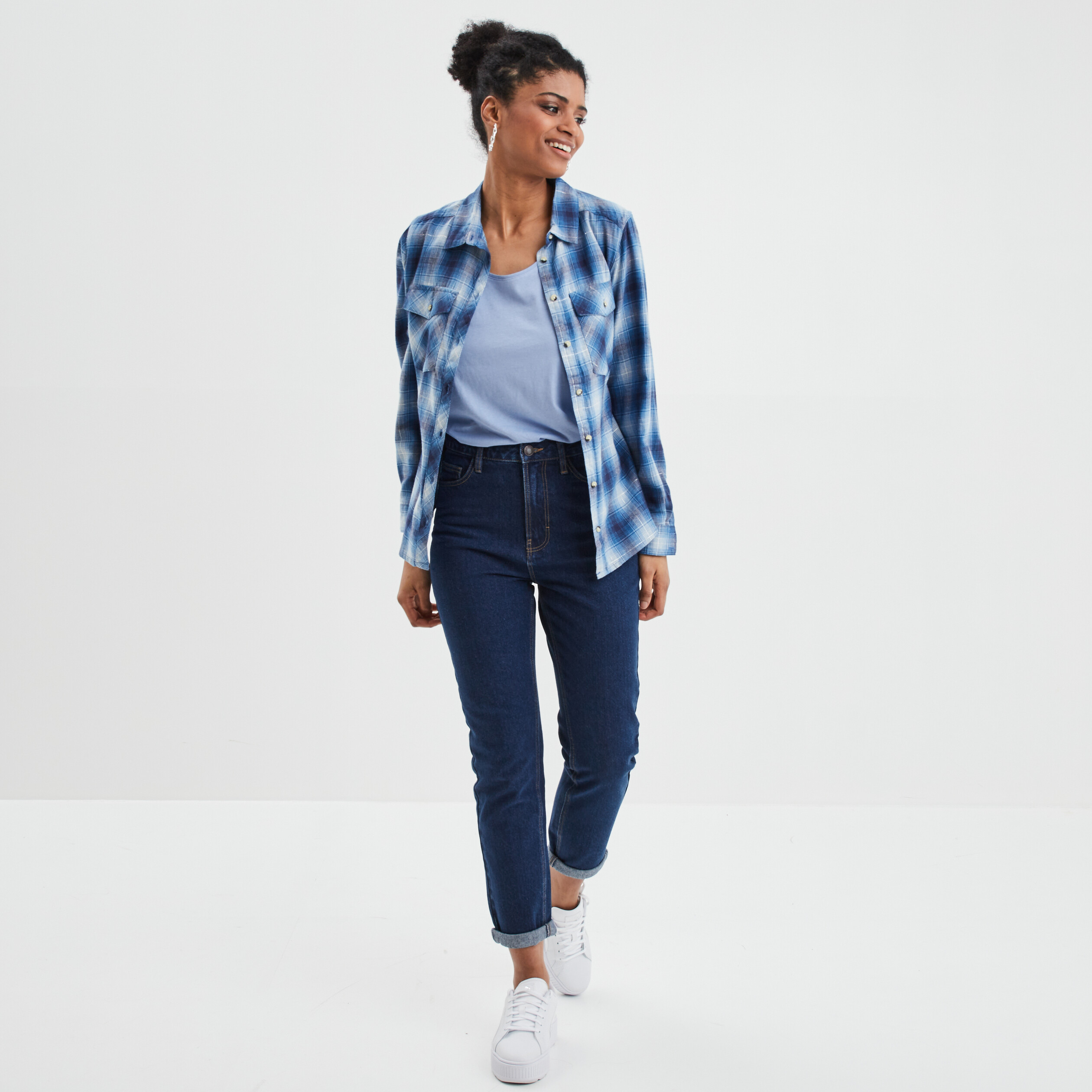 Jeans mom taille haute 7 8ème coton denim brut femme | La Halle