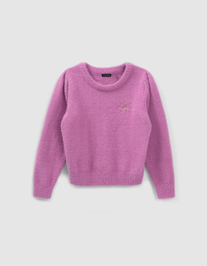 Pull rose foncé tricot avec broderie fille