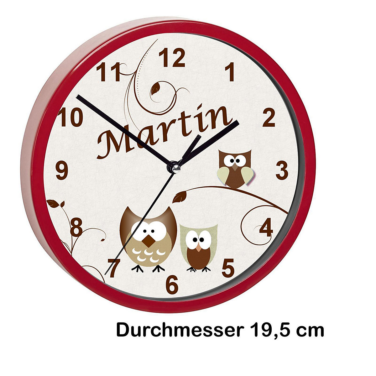 Kinder Wanduhr laufruhig personalisiert mit Name Eule Beige