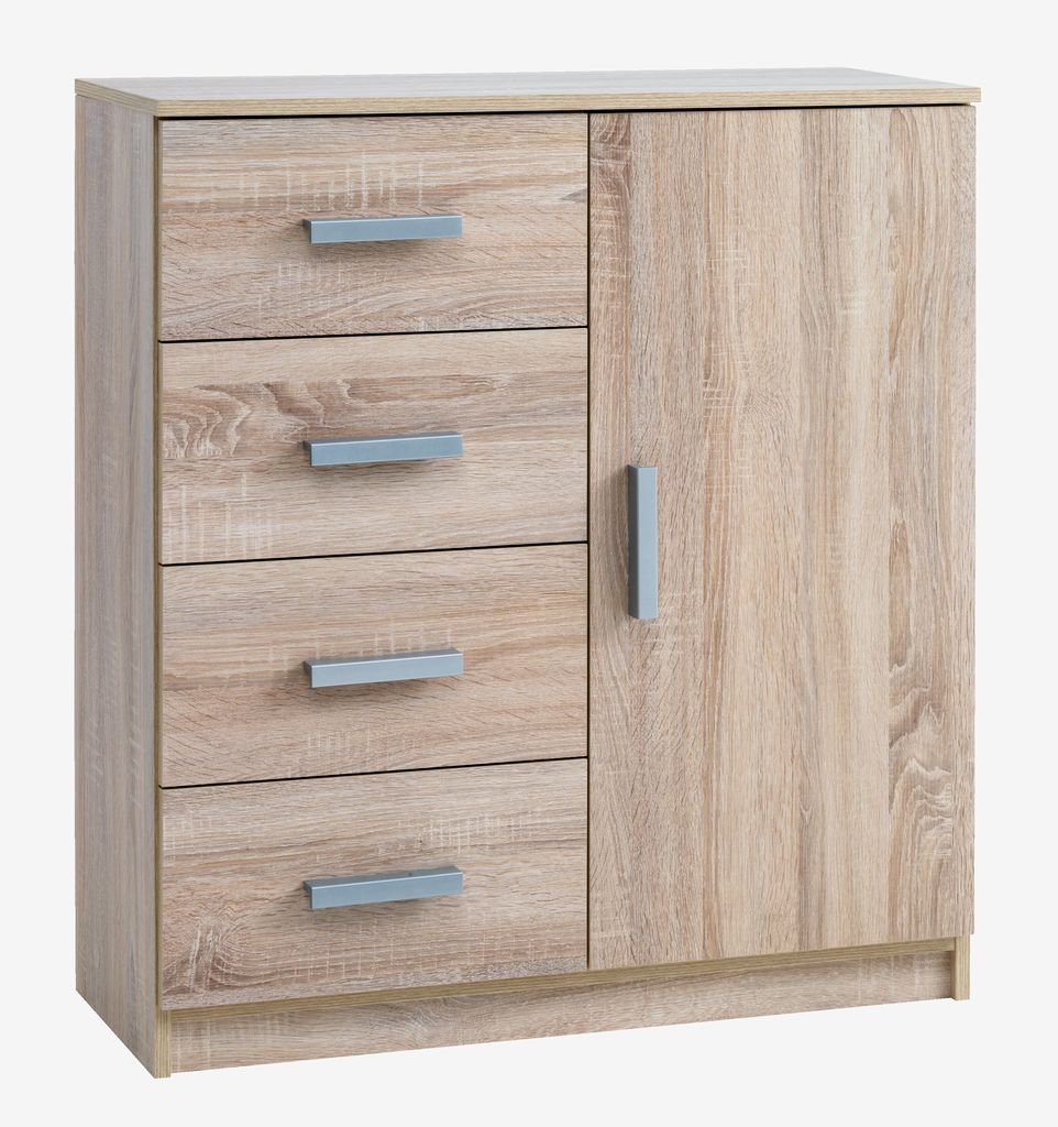 Cômoda TAPDRUP com 4 gavetas e 1 porta, em carvalho claro.