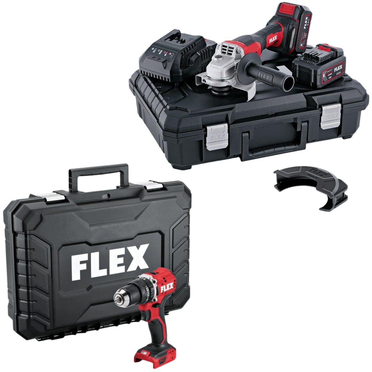Ensemble Flex-tools 535132 L 125 18.0-EC LD/5.0 et PD 2G 18.0-EC LD : meuleuse d'angle sans fil + perceuse/visseuse à percussion sans fil 18 V, comprenant 2 batteries de 5,0 Ah et un chargeur dans un coffret.