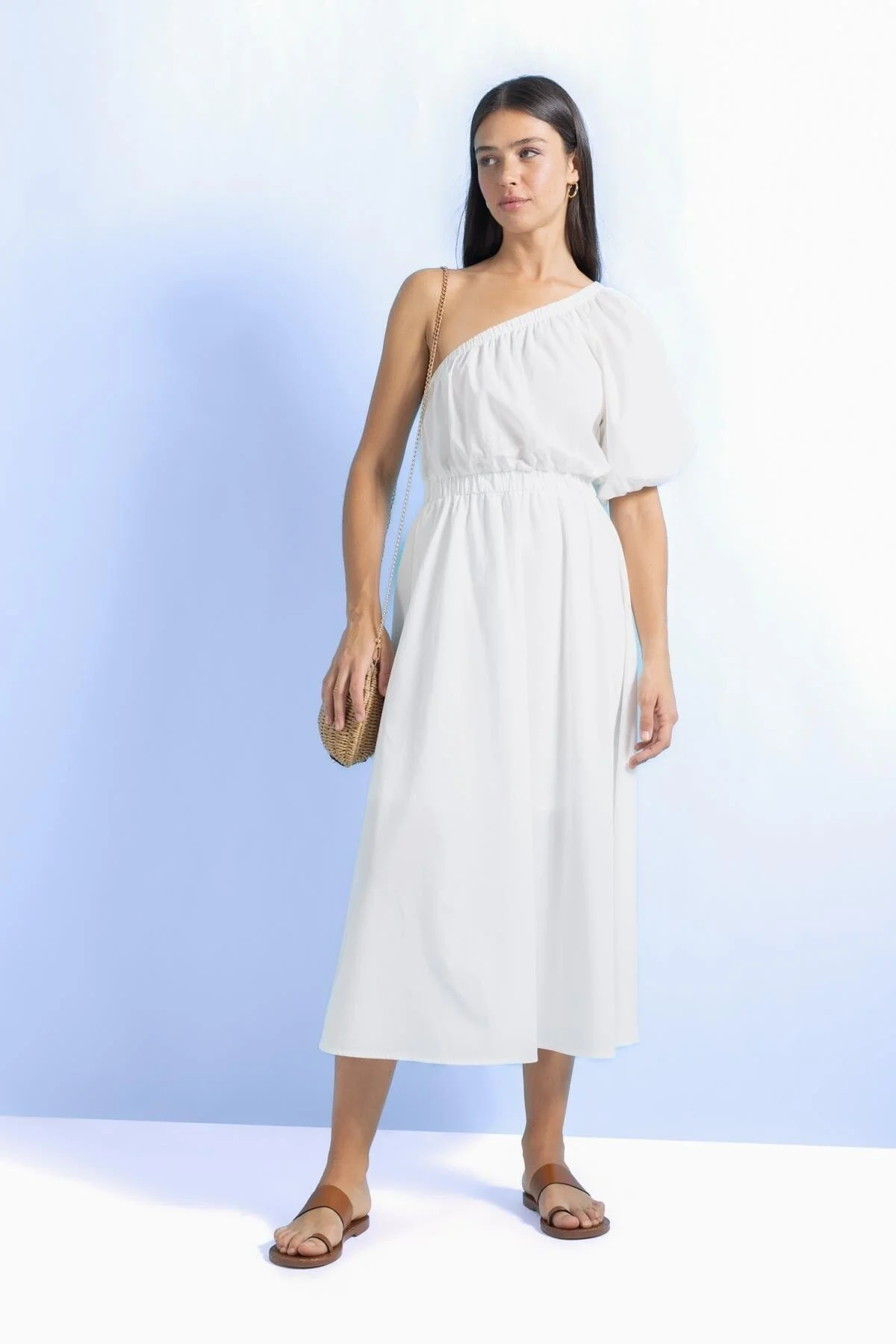 DeFacto  Weißes One-Shoulder-Midikleid aus Popeline - Kurzarm A9416ax23hs