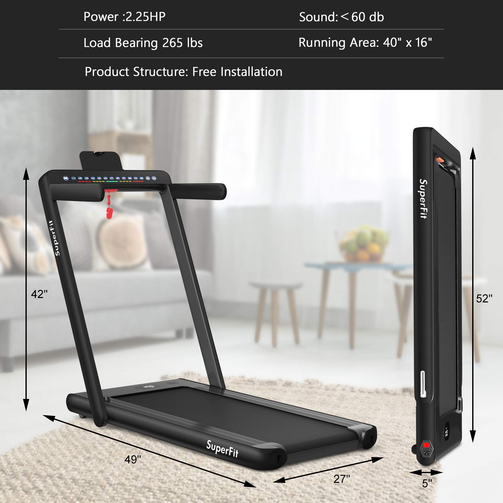 2 in 1 Folding Treadmill with Dual Display, 2.25HP Superfit Under Desk Electric Pad