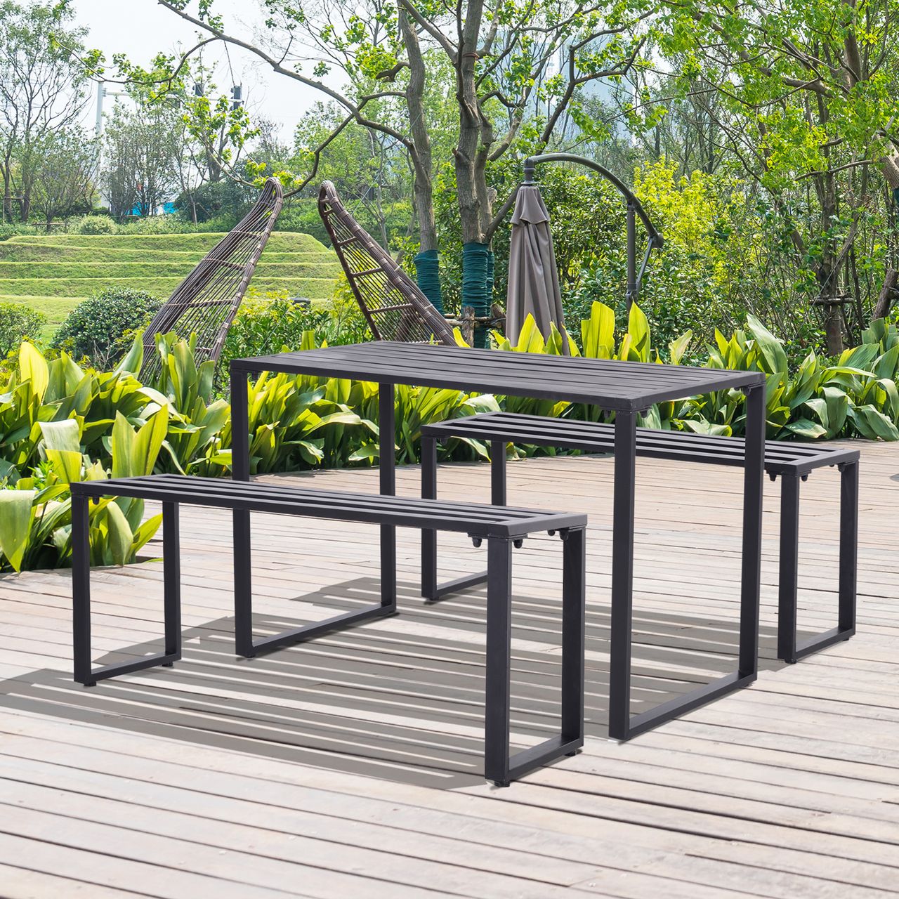 Outsunny Outdoor Tisch-Set Festgarnitur 3-tlg. Sitzgruppe Gartengarnitur Metall
