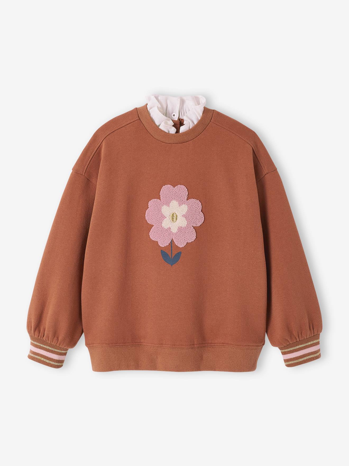 Vertbaudet Mädchen Sweatshirt mit Frotteeblumen - hellbraun