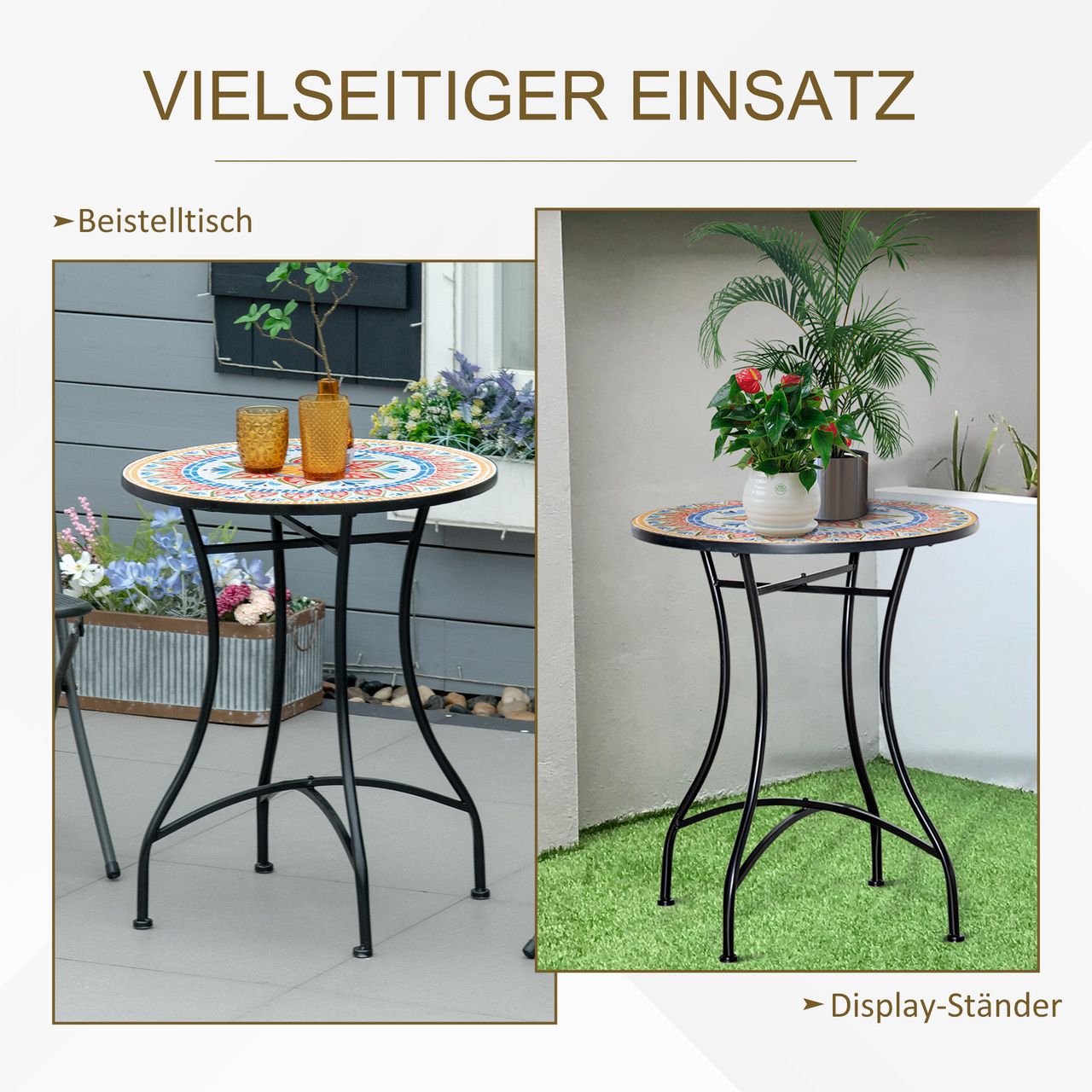 Outsunny Gartentisch Mosaiktisch rund Bistrotisch Beistelltisch mit Mosaikplatte Keramik Metall Rot Blau Weiß Ø60 cm