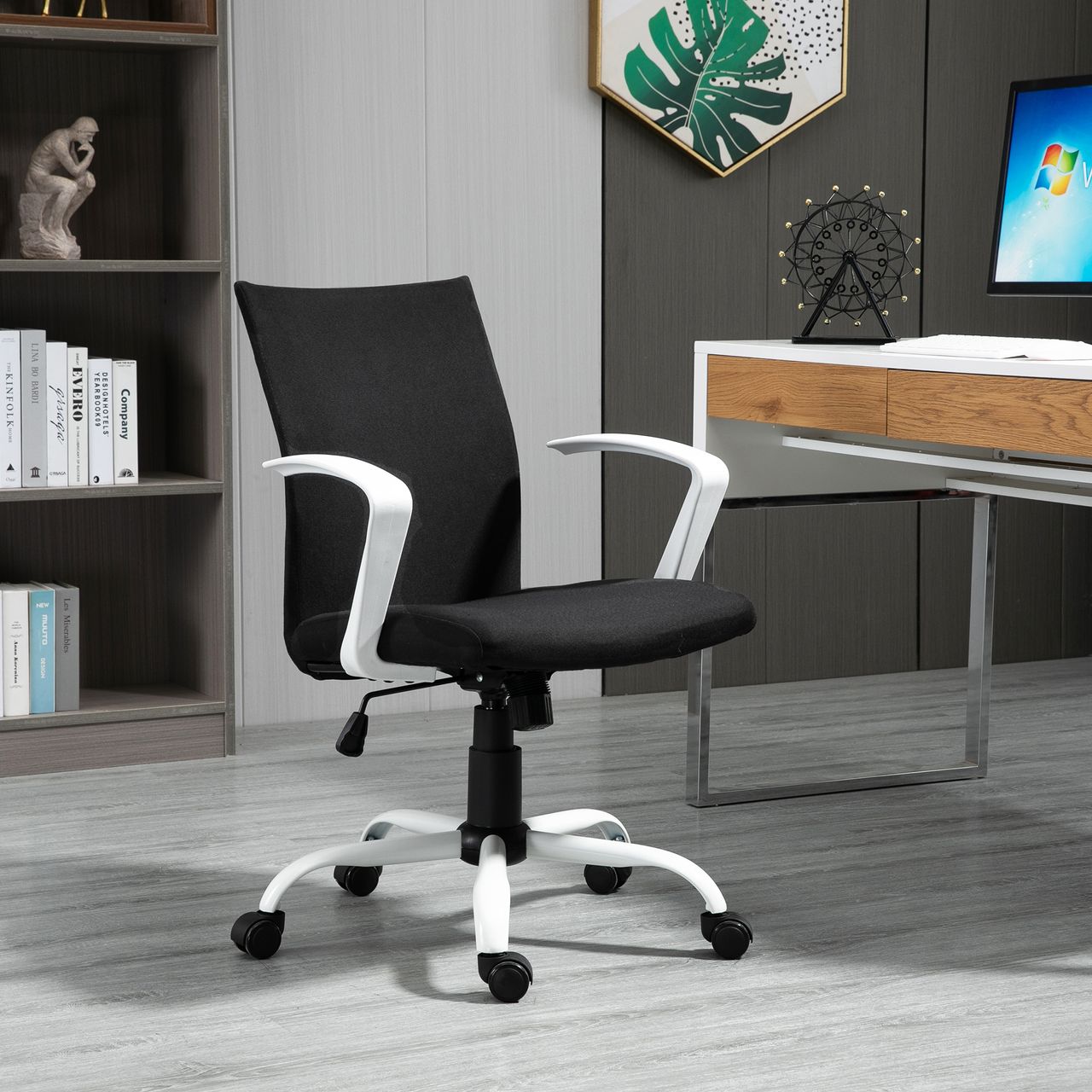 HOMCOM Bürostuhl Schreibtischstuhl Netzrückenstütze mit Wippenfunktion Kopflehne Home-Office-Stuhl höhenverstellbarer ergonomisch 360°-Drehräder Schaumstoff Nylon Schwarz 61 x 61 x 89-99 cm