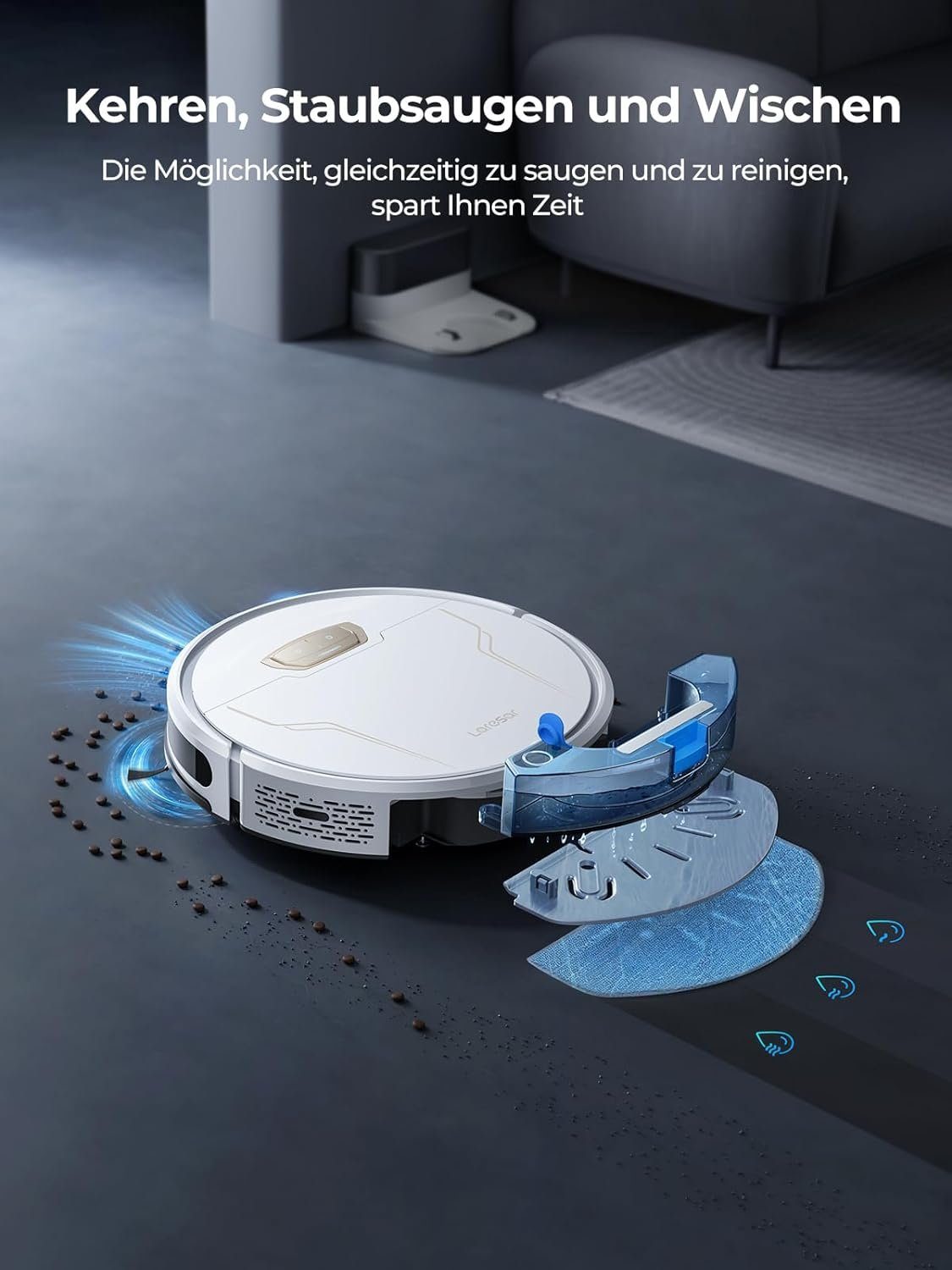 Laresar Saugroboter, Saugroboter mit Wischfunktion, 4000Pa Staubsauger Roboter 150 Min Max, saugroboter ideal für Hartböden Tierhaare Teppiche, Intelligente App-Steuerung, Arbeit mit Alexa