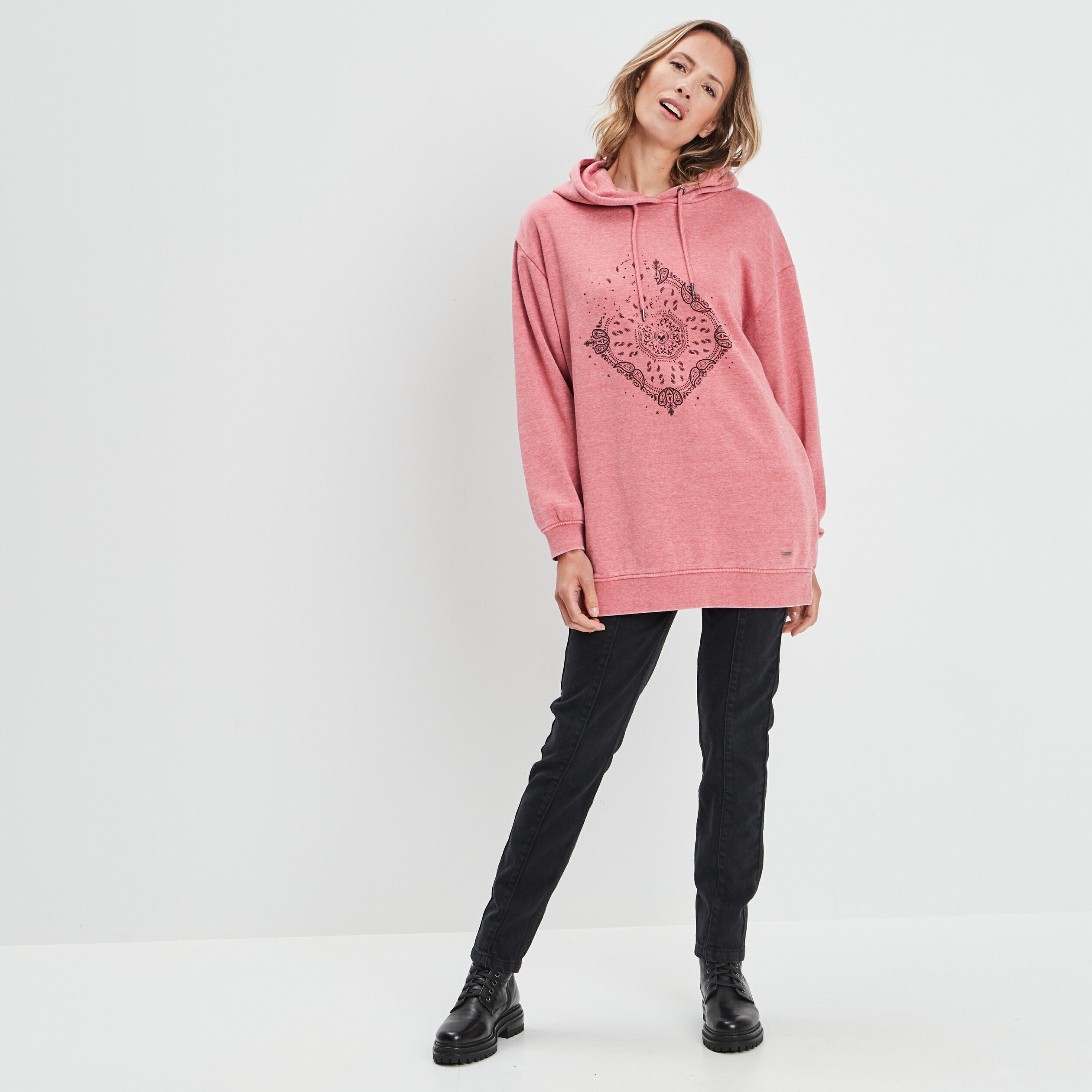 Sweat long à capuche détails clous vieux rose femme | La Halle