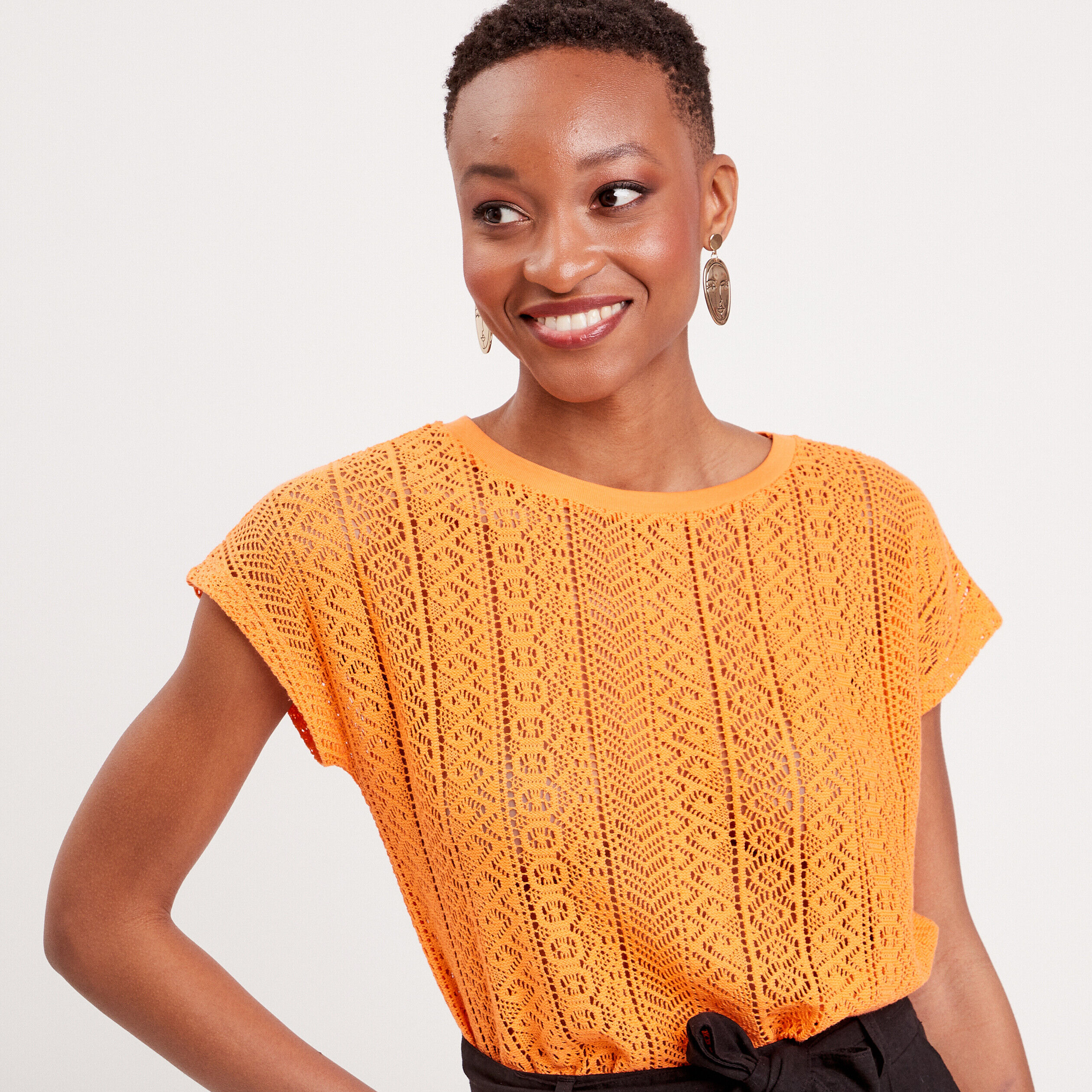 T-shirt manches courtes ajouré orange femme | Cache Cache