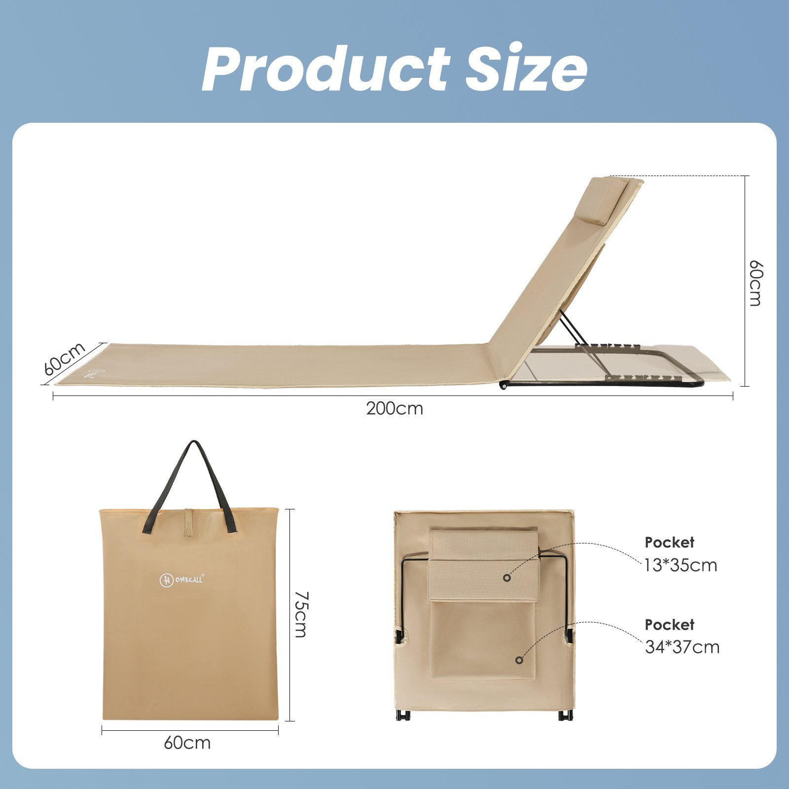 HOMECALL Strandtuch Strandmatte Liegestuhl Strandliege klappbar leicht, Gepolsterte Textilene, Schnell Trocknet, 6 fach verstellbarer, mit Tasche, 200x60cm