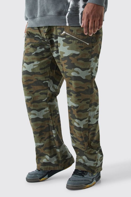 Plus Fixed Waist Straight Leg Twill Camo Zip Gusset Trouser