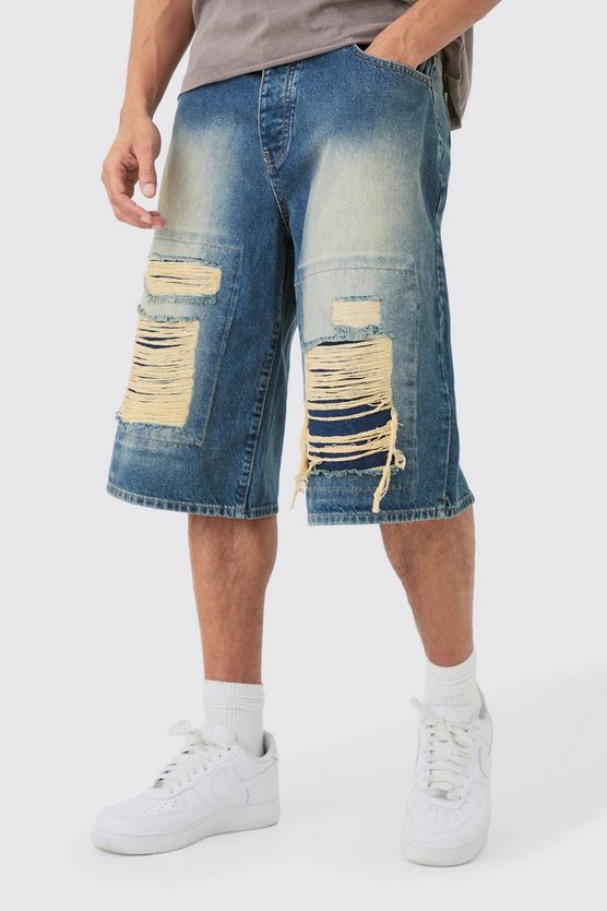 Extrem zerrissene Denim-Jorts in Antik-blau