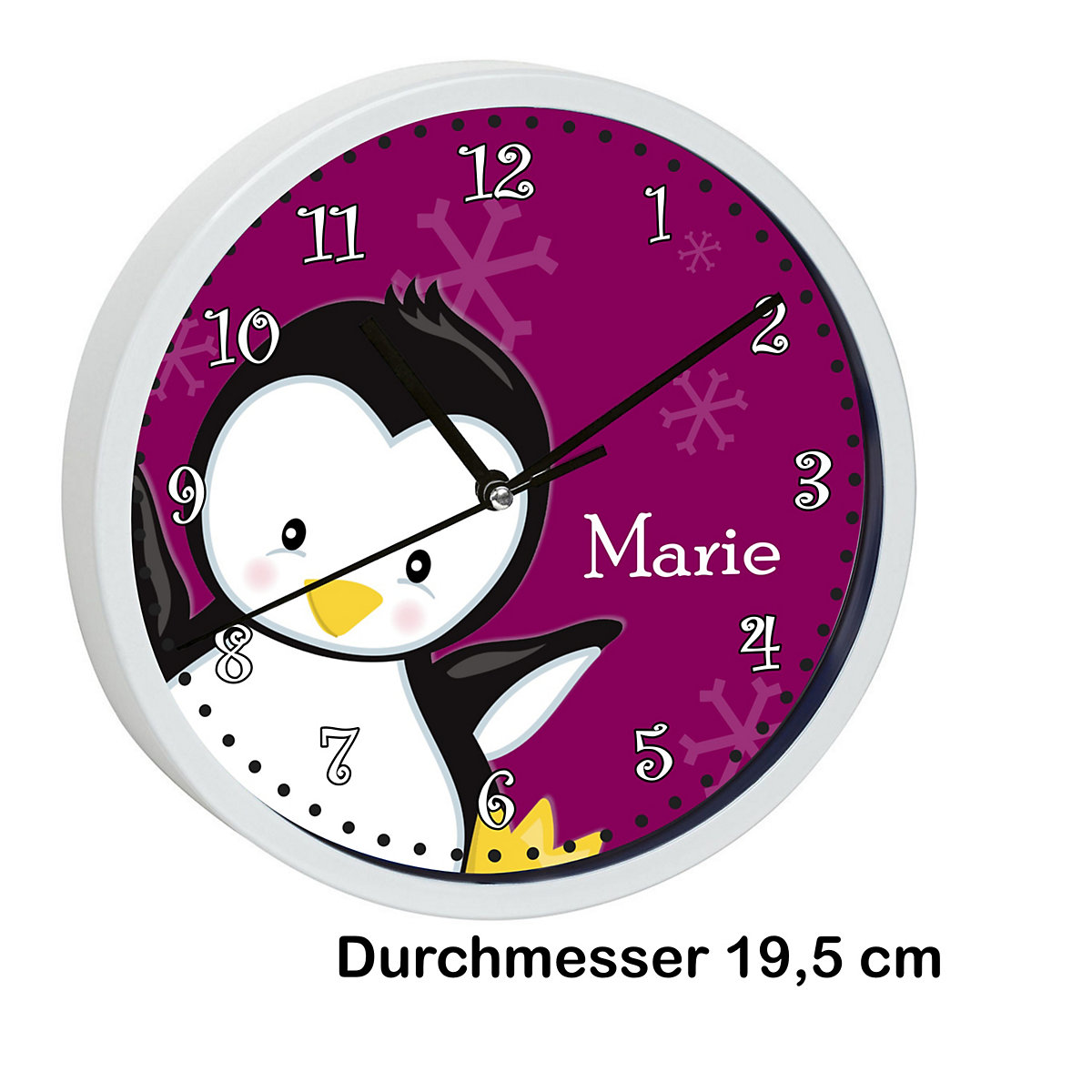 Kinder Wanduhr laufruhig personalisiert mit Name Pinguin brombeere