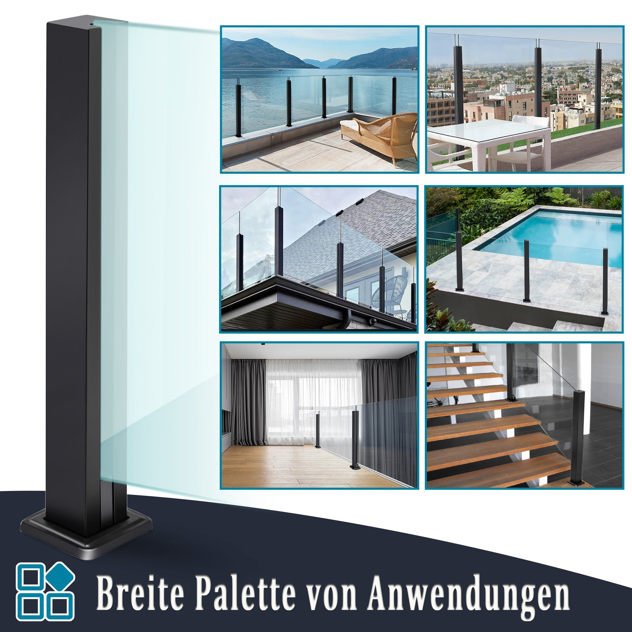 AUFUN Zaun Glas Geländerpfosten Glashalter Edelstahl Silber Glasklemme, 10-12mm, (Glas-Geländerpfosten, Glas-Balustradenpfosten), Sichtschutz, Windschutz für Gehärtetes Glas Werden 85cm / 95cm