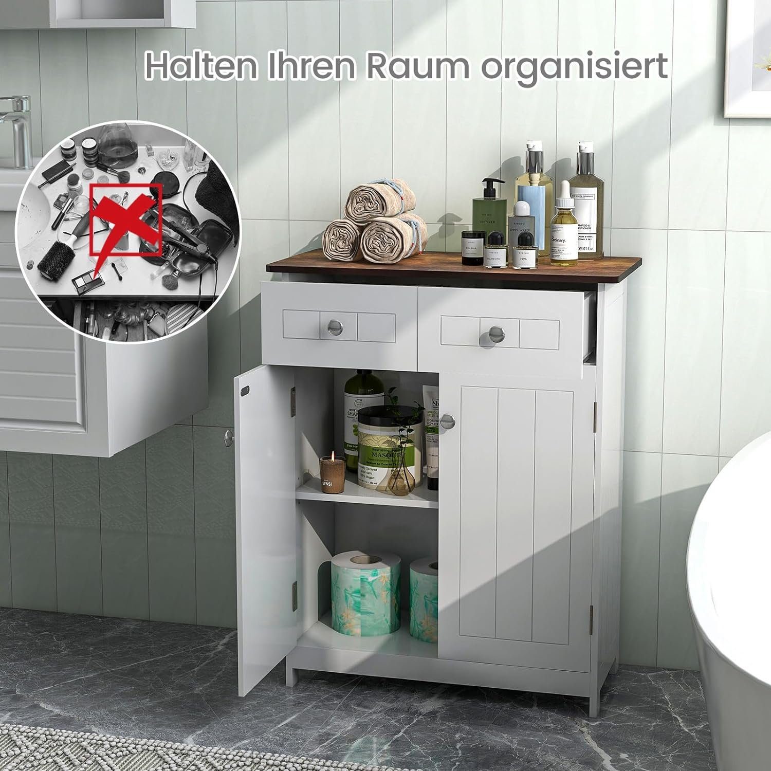 KOMFOTTEU Kommode Badzimmerschrank, mit höhenverstellbarem Regal, 60 x 30 x 75 cm