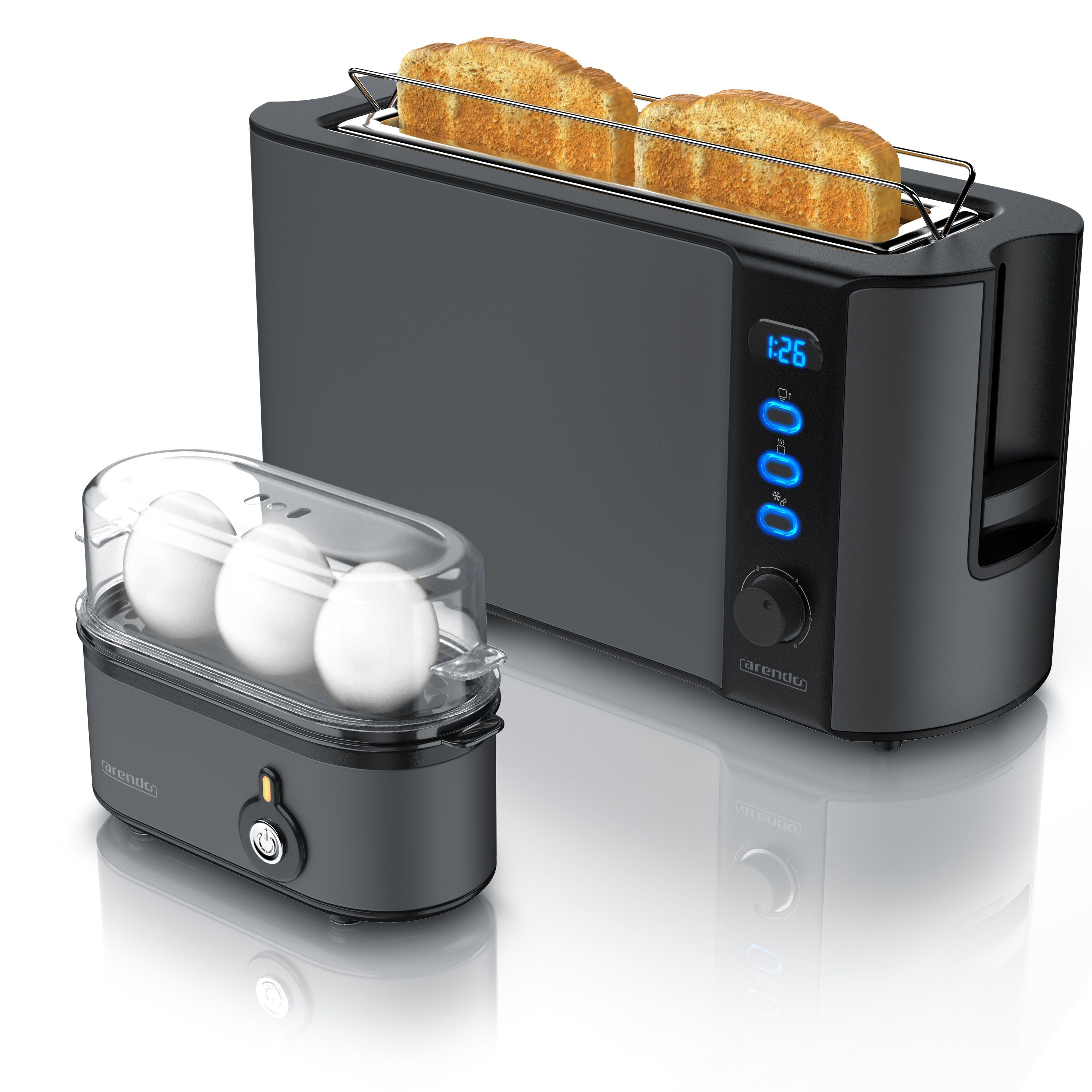 Arendo Frühstücks-Set (2-tlg), 2-Scheiben Langschlitz Toaster & 3-fach Eierkocher, Edelstahl, Grau