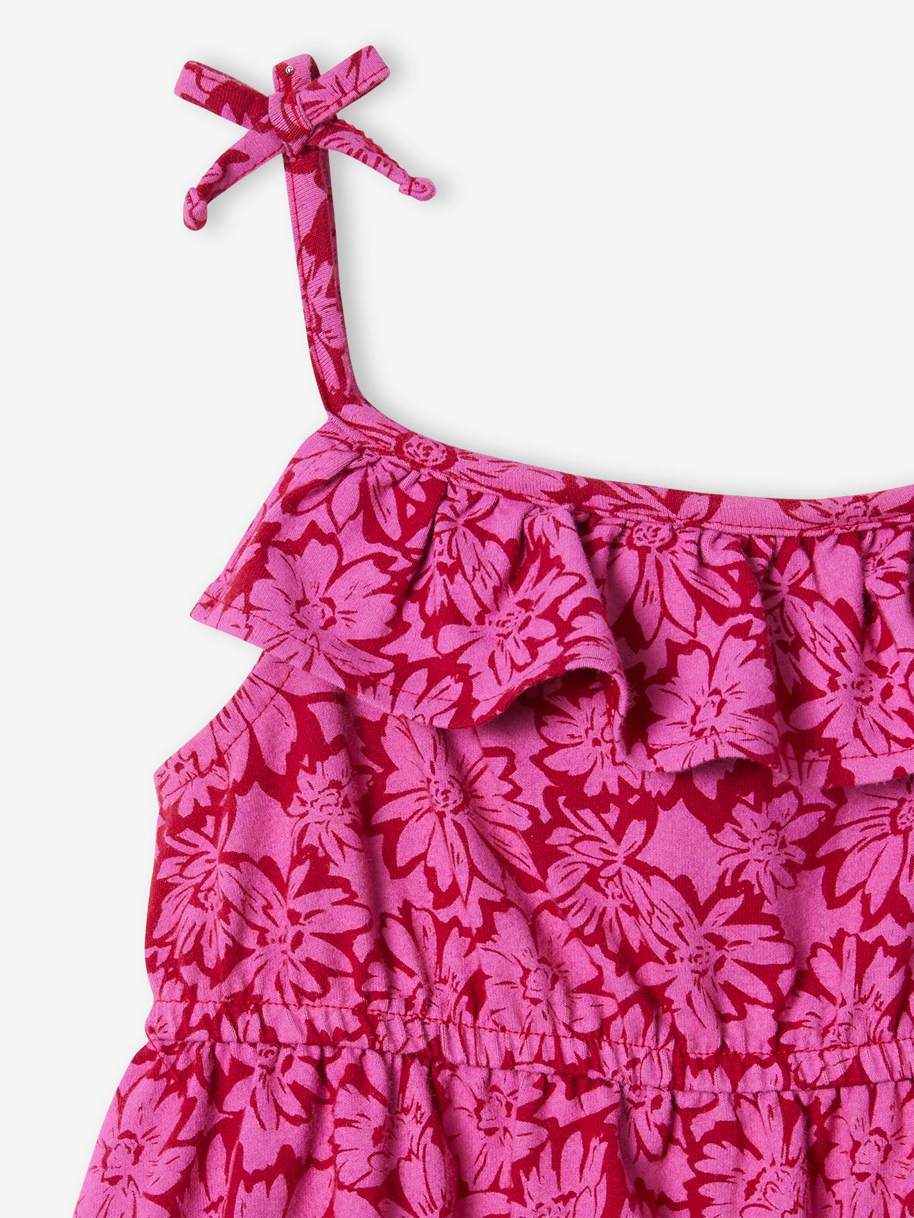 Robe mi-longue à bretelles imprimée fleurs fille framboise
