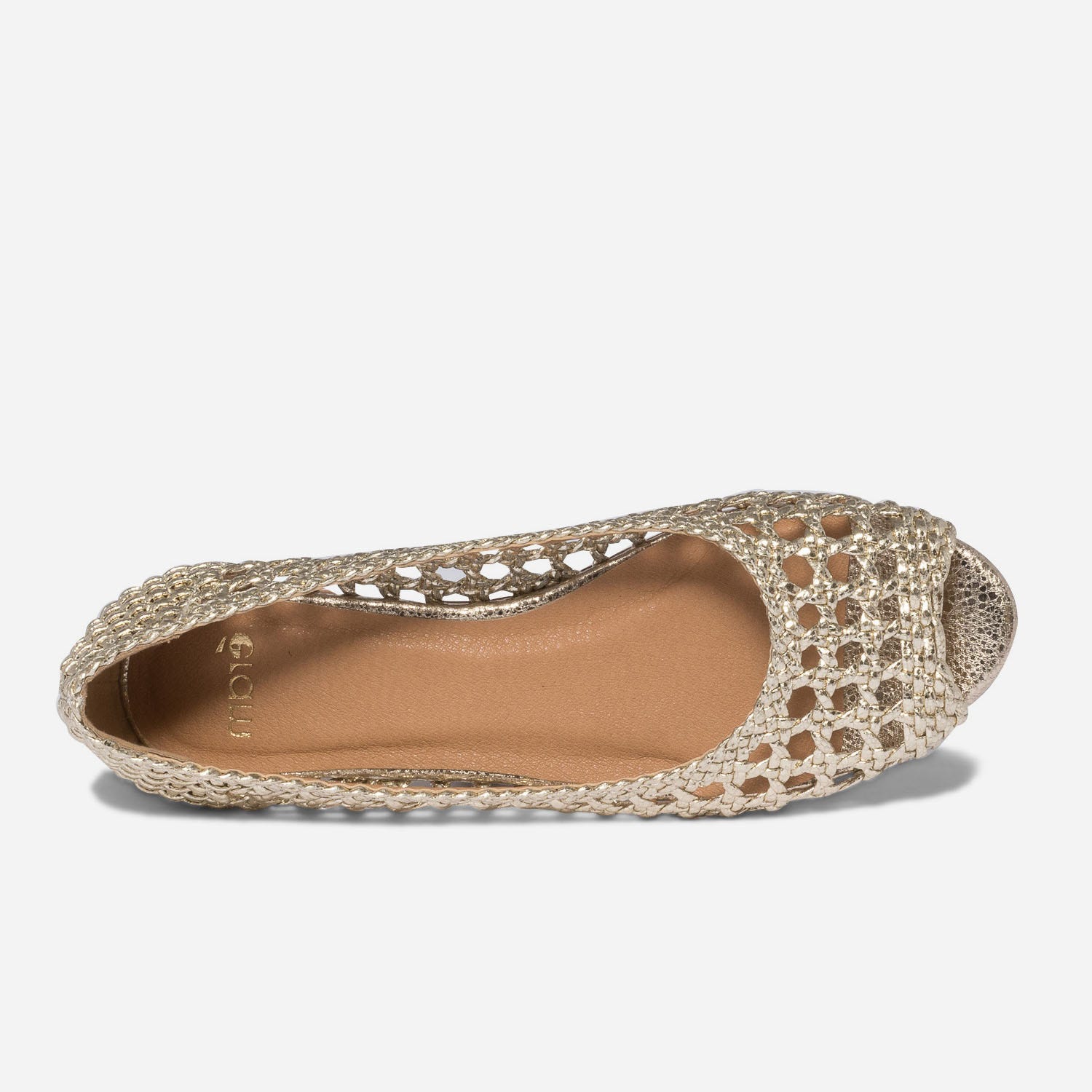 Ballerine open-toe dorée tressée esprit cannage