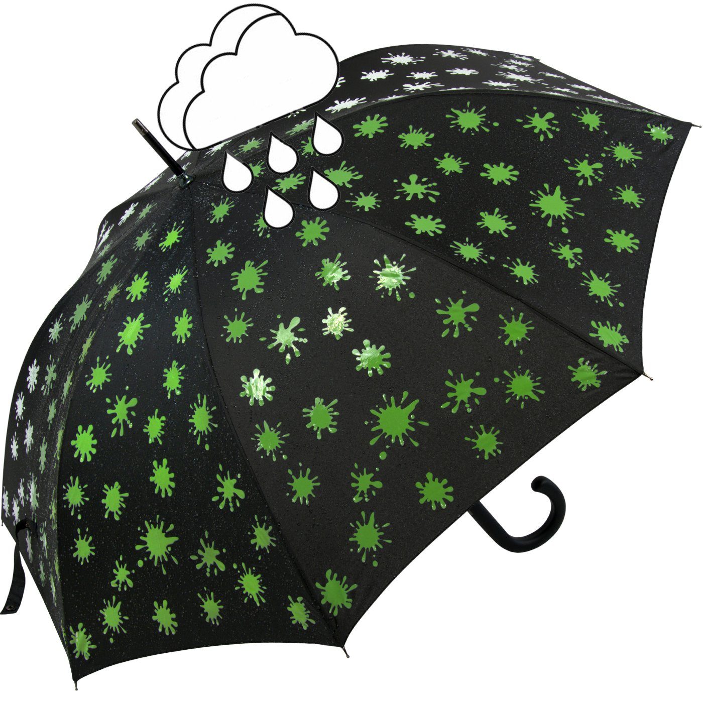 iX-brella Langregenschirm iX-brella Damenschirm mit Automatik und Wet Print, Farbänderung bei Nässe - Farbkleckse neon-grün