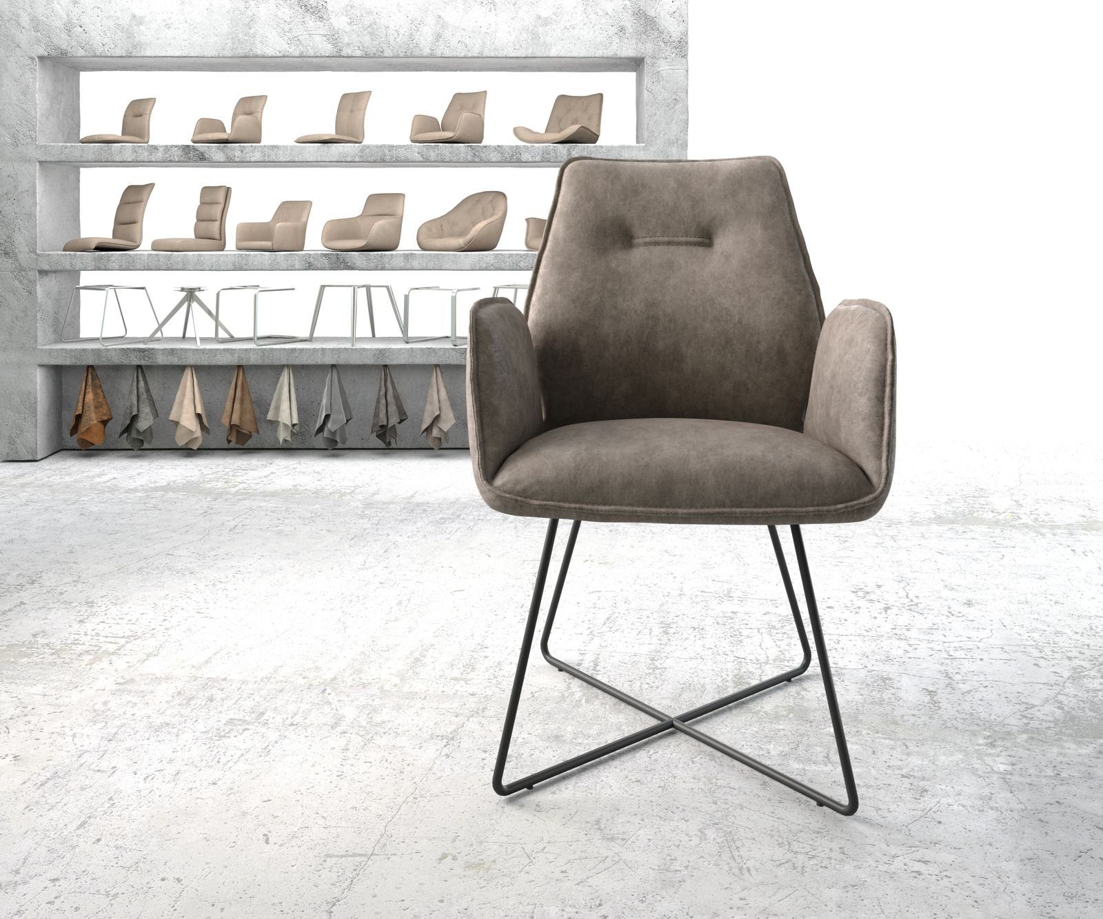 DELIFE Polsterstuhl Zoa-Flex, X-Gestell Schwarz Taupe Vintage