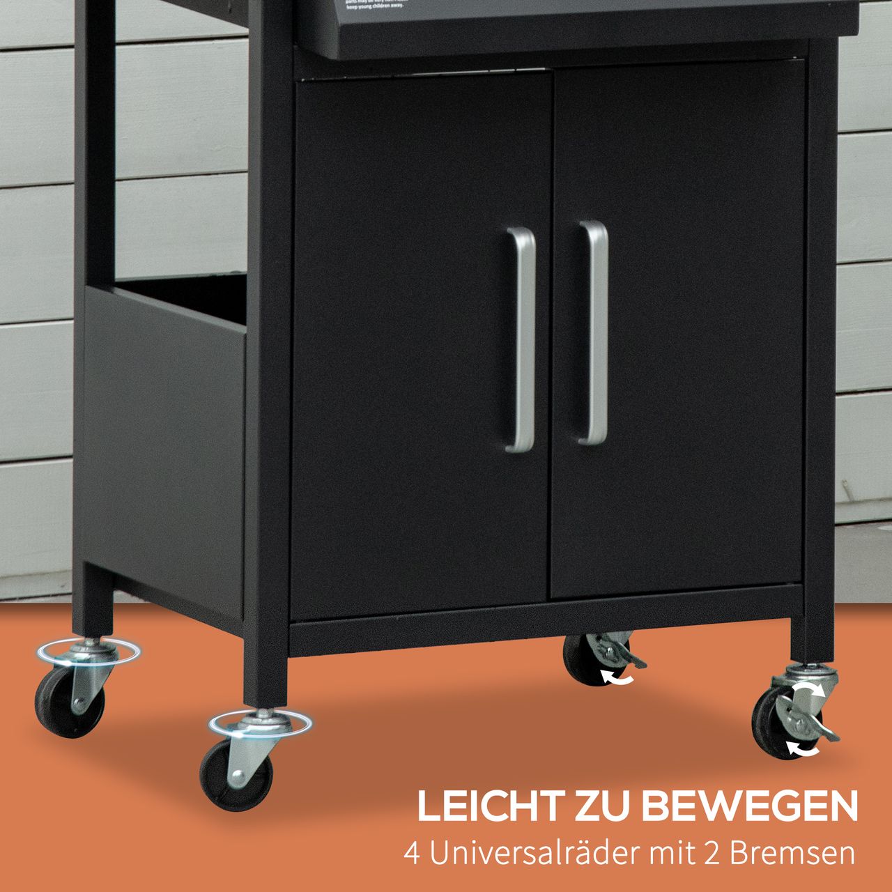 Outsunny Gasgrill BBQ mit 3 Brennern je 3 kw mobiler Grillwagen mit 4 Rädern Grillnetz Seitentischen Druckminderer Schläuche Schrank Multifunktion Stahl Schwarz 121 x 55 x 109 cm