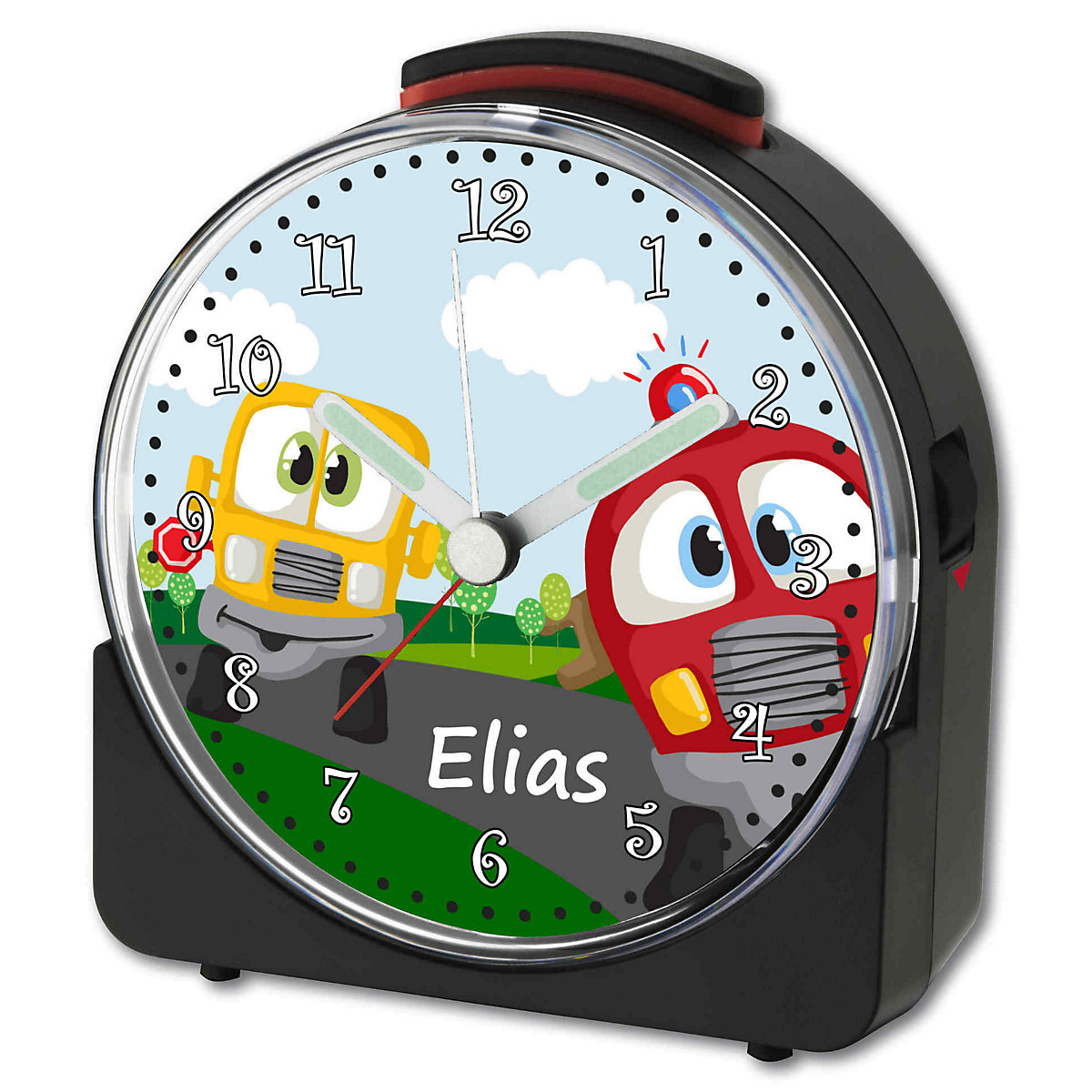 Kinder Funkwecker weiß personalisiert mit Namen Auto-Cartoon