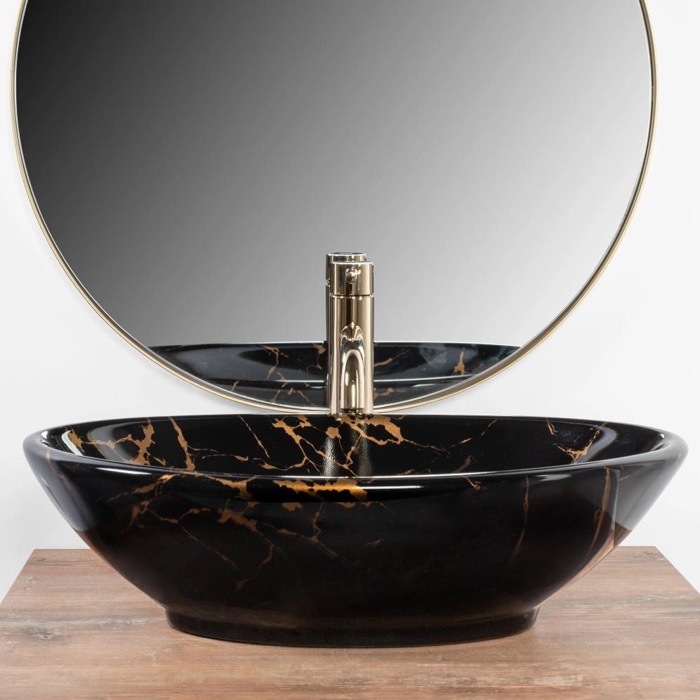 Badezimmer Rea Aufsatzwaschbecken Waschbecken Pamela Black Marble Shiny Marmoroptik 53x33cm
