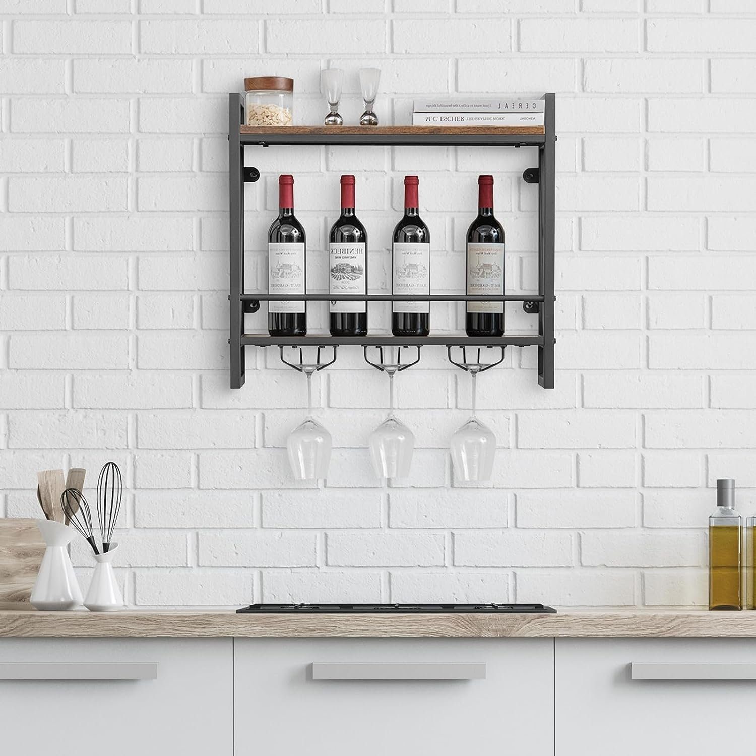 KOMFOTTEU Weinregal Wandregal, mit Glashalter, 60 × 20 × 55cm
