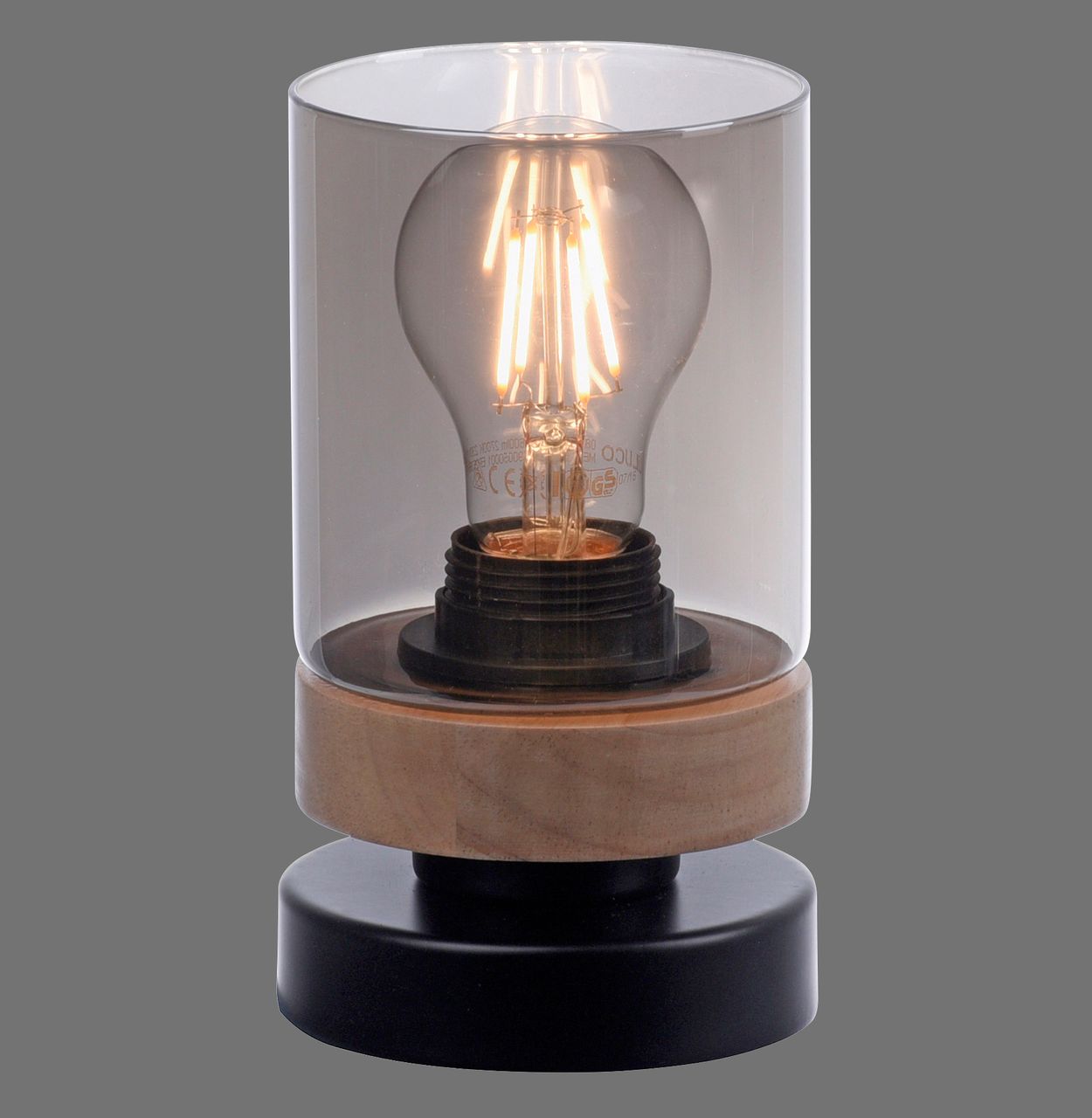 JUST LIGHT Tischleuchte PASQUAL, 1-flg, E27, Glas in Rauchglas-Optik, schwarz , IP20