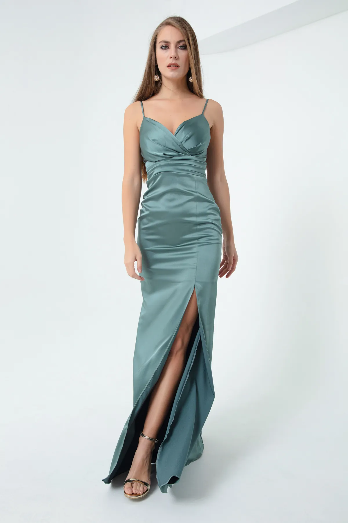 Lafaba  Türkisfarbenes, langes Satin-Abendkleid und Abschlusskleid mit Schlitz für Damen