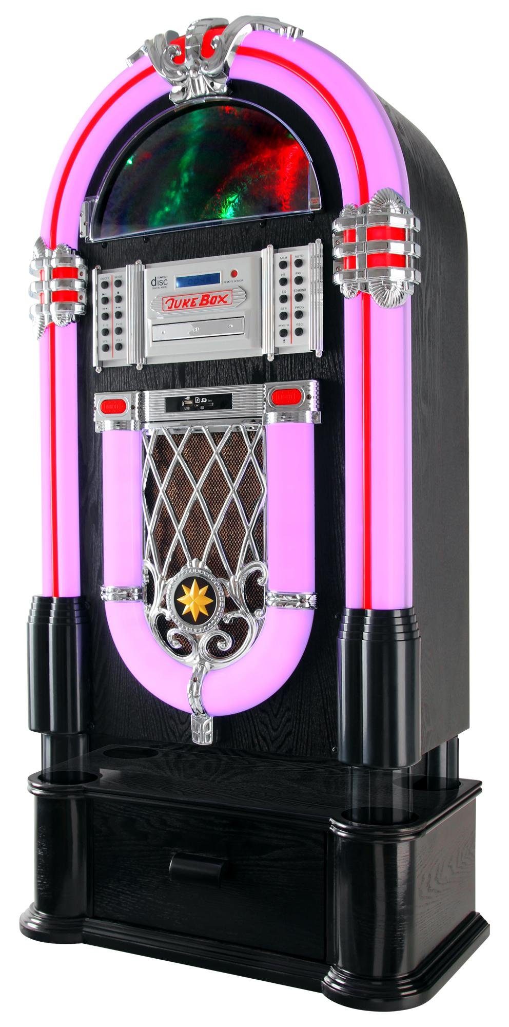 Beatfoxx GoldenAge XXL Jukebox mit Plattenspieler inkl. Untergestell Stereoanlage (UKW/MW-Radio, 60 W, Retro Musikbox mit LED-Beleuchtung, CD-Player, Bluetooth, USB-SD, AUX)